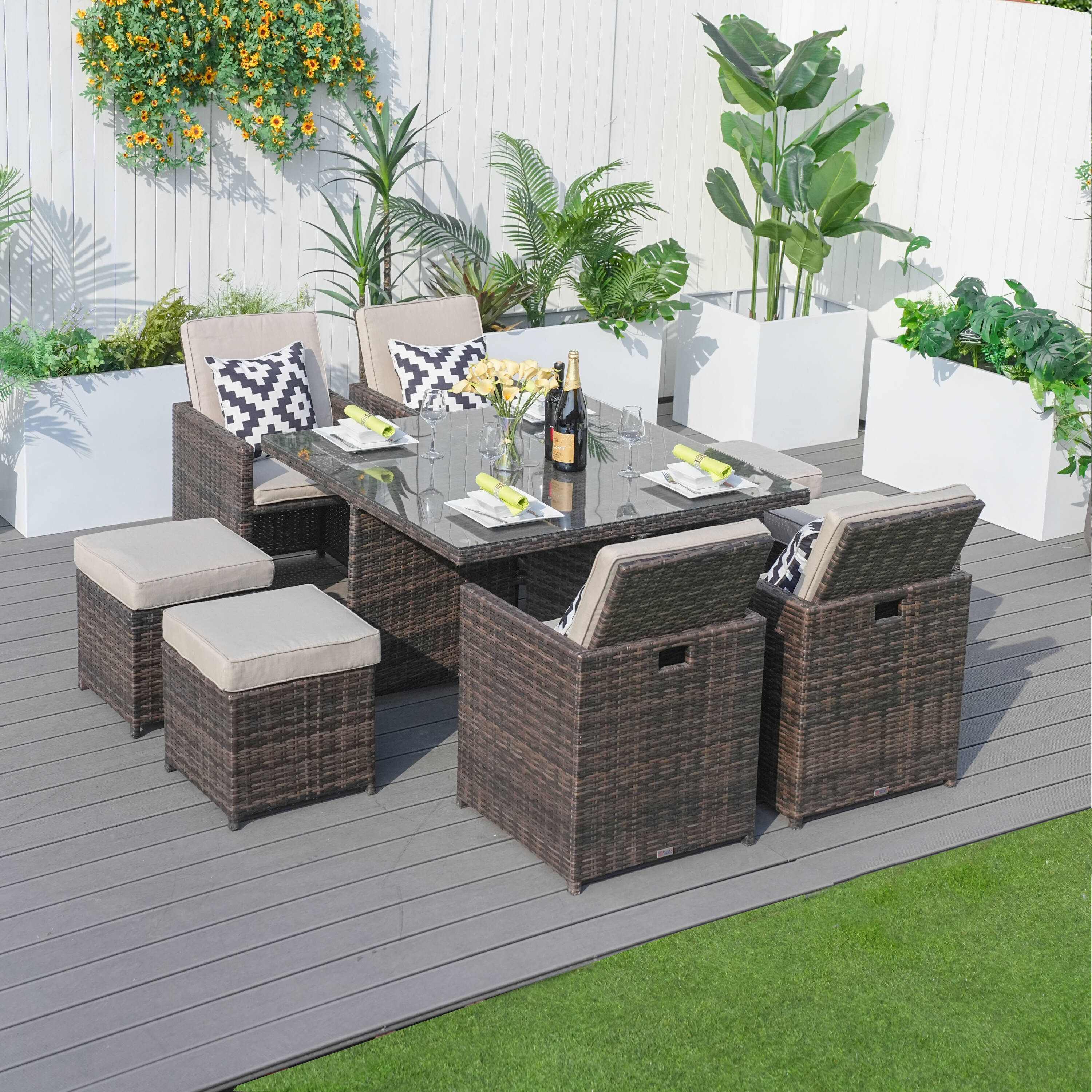 Direct Wicker DWD-3233B Irene 9 -Piece Brown Wicker Patio Dining Set Wicker Square Table with 4 Beige Cushions Stationary Chairs