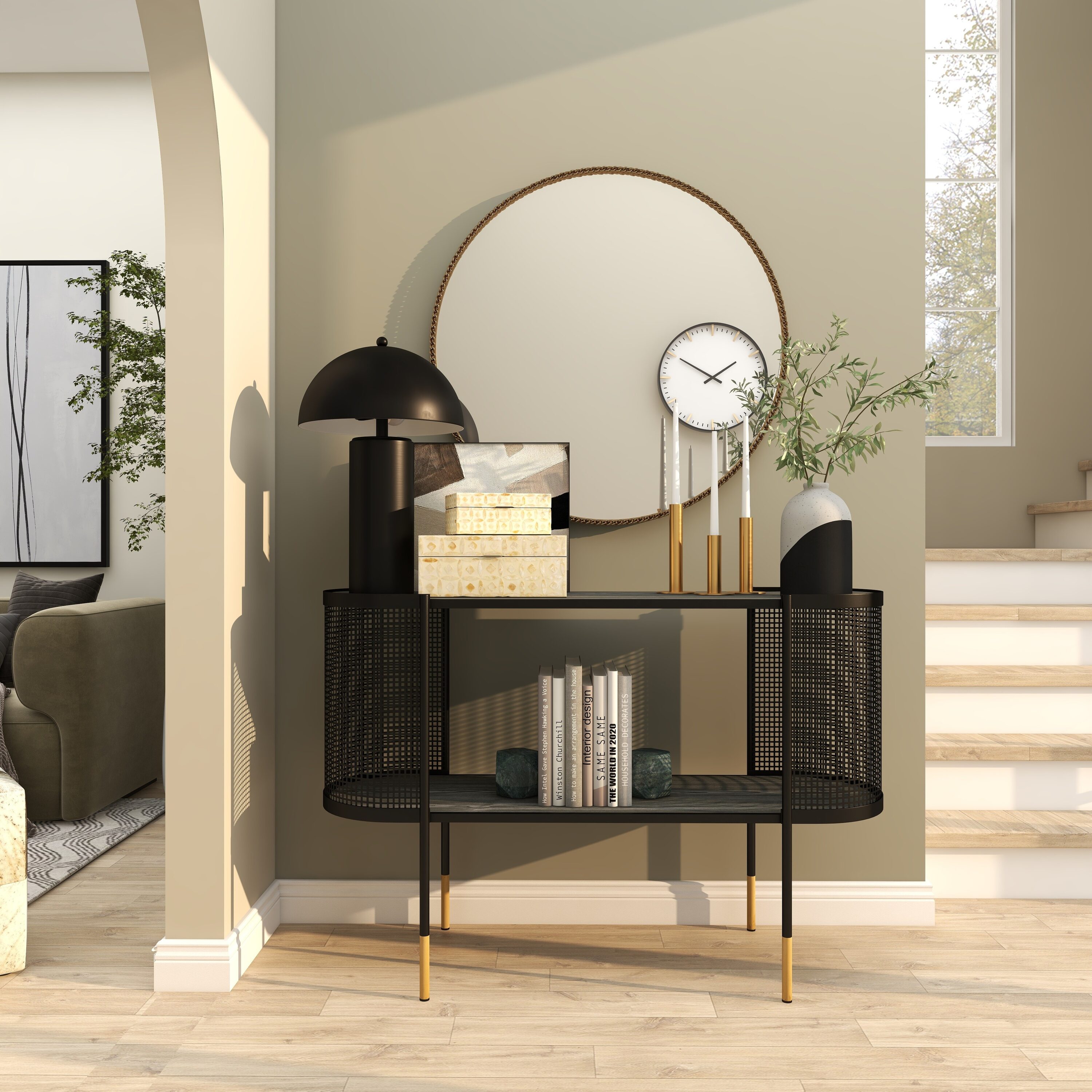 Elegant Black Metal Console Table with Storage Shelf