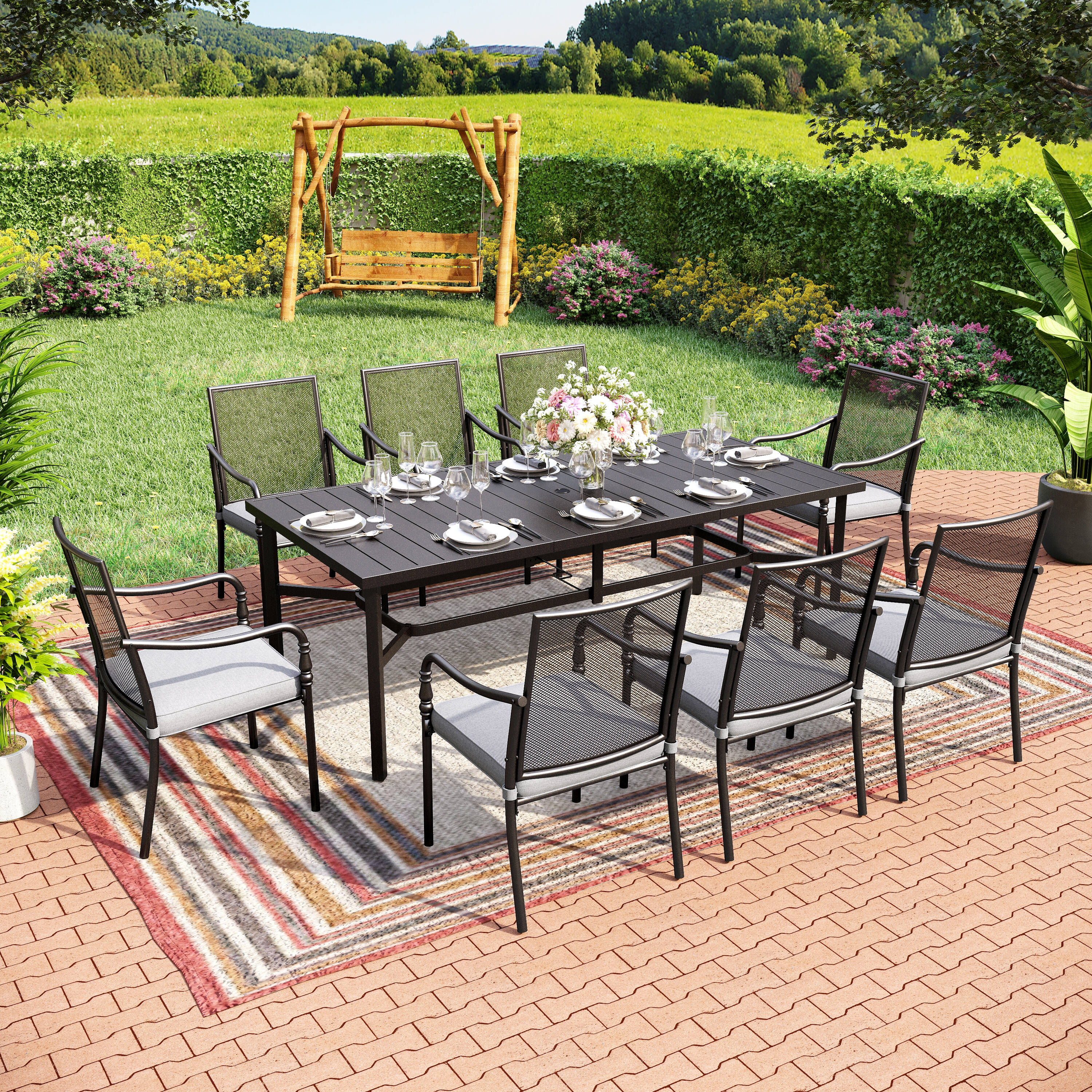 Sunshine Valley TC9-162MS-453 Outdoor Table and Chairs 9 -Piece Black Patio Dining Set Steel Rectangle Table with 8 Gray Cushions C-spring Chairs