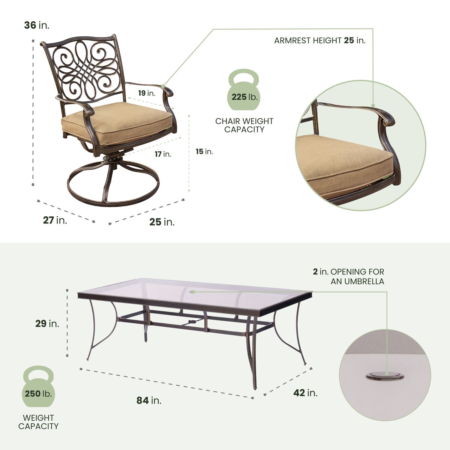 Hanover Traditions Bronze Aluminum 7-Piece Dining Set with Tan Cushions