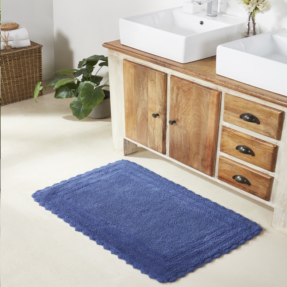 Blue Cotton Tufted Reversible Crochet Bath Rug Set
