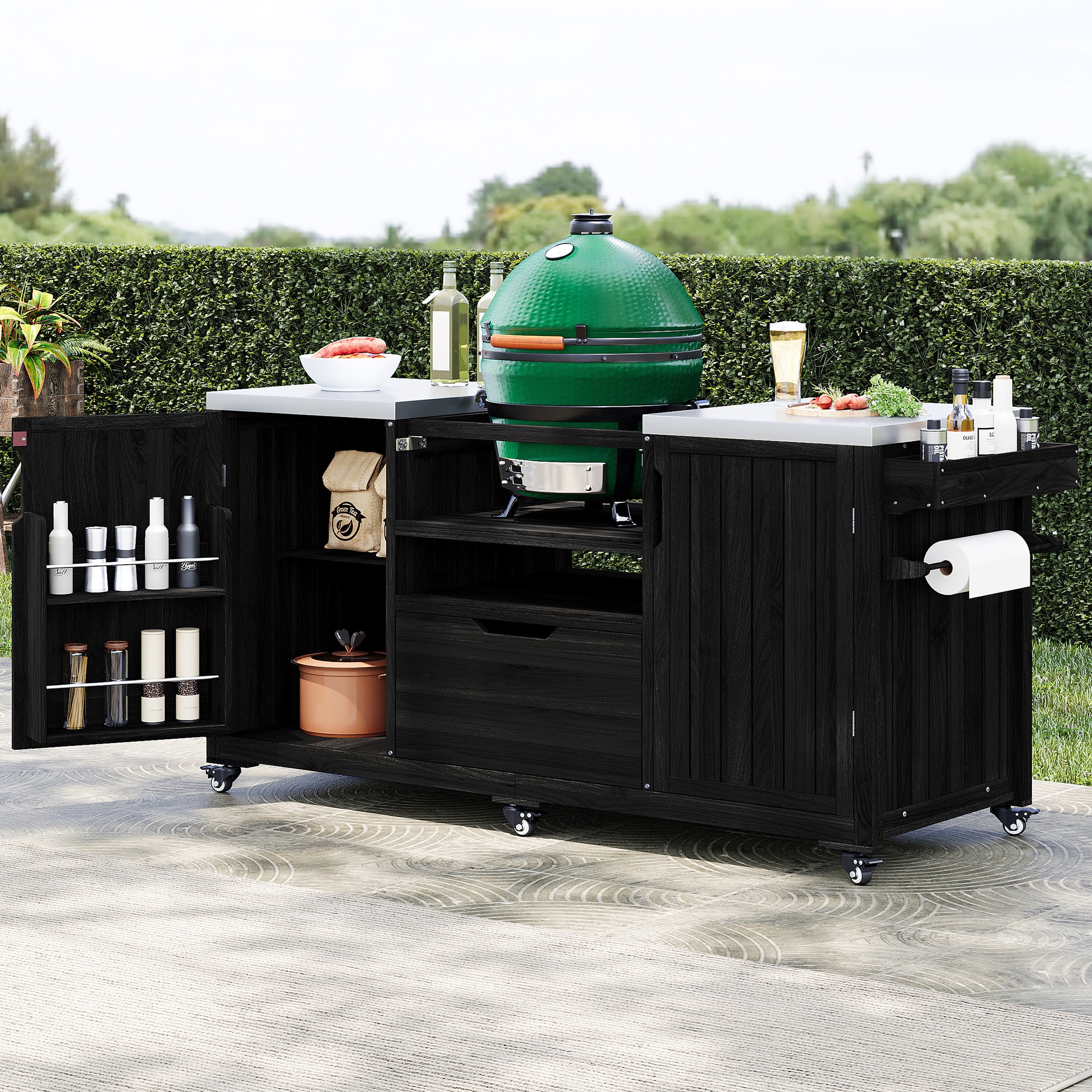 ModernLuxe 66.5inch Outdoor Kitchen Island for Big Green Egg Grills Solid Wood Outdoor Grill Cart for Tabletop Grill with Stainless Steel Top Drawer Compatible with Large Big Green Egg Kamado Joe Black