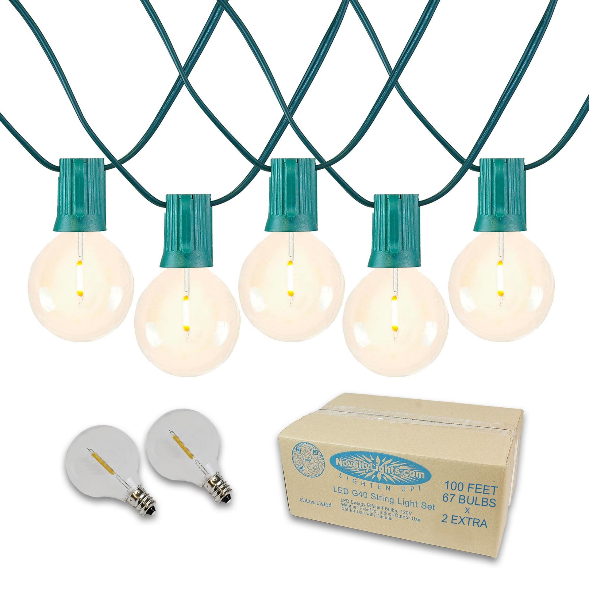 Novelty Lights LED-G40-67-GW-FBWW 100FT G40 LED Patio String Lights Outdoor Lights String Shatterproof Plastic LED Bulbs With End-To-End Connections Weatherproof Balcony Lights 69 Plastic LED Bulbs (Green Wire)