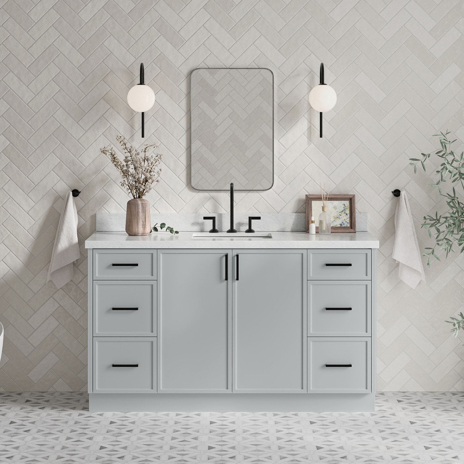 ARIEL - Kelly 60-in Gray Undermount Single Sink Bathroom Vanity with Carrara White Marble Marble Top