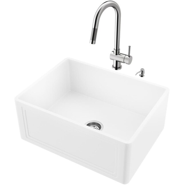 VIGO Matte Stone Farmhouse x 18-in Matte White Single Bowl Tall (8-in or Larger) Undermount Apron Front/Farmhouse Commercial/Residential Kitchen Sink All-in-One Kit VIGO Matte Stone Farmhouse x 18-in Matte White Single Bowl Tall (8-in or Larger) Undermount Apron Front/Farmhouse Commercial/Residential Kitchen Sink All-in-One Kit
