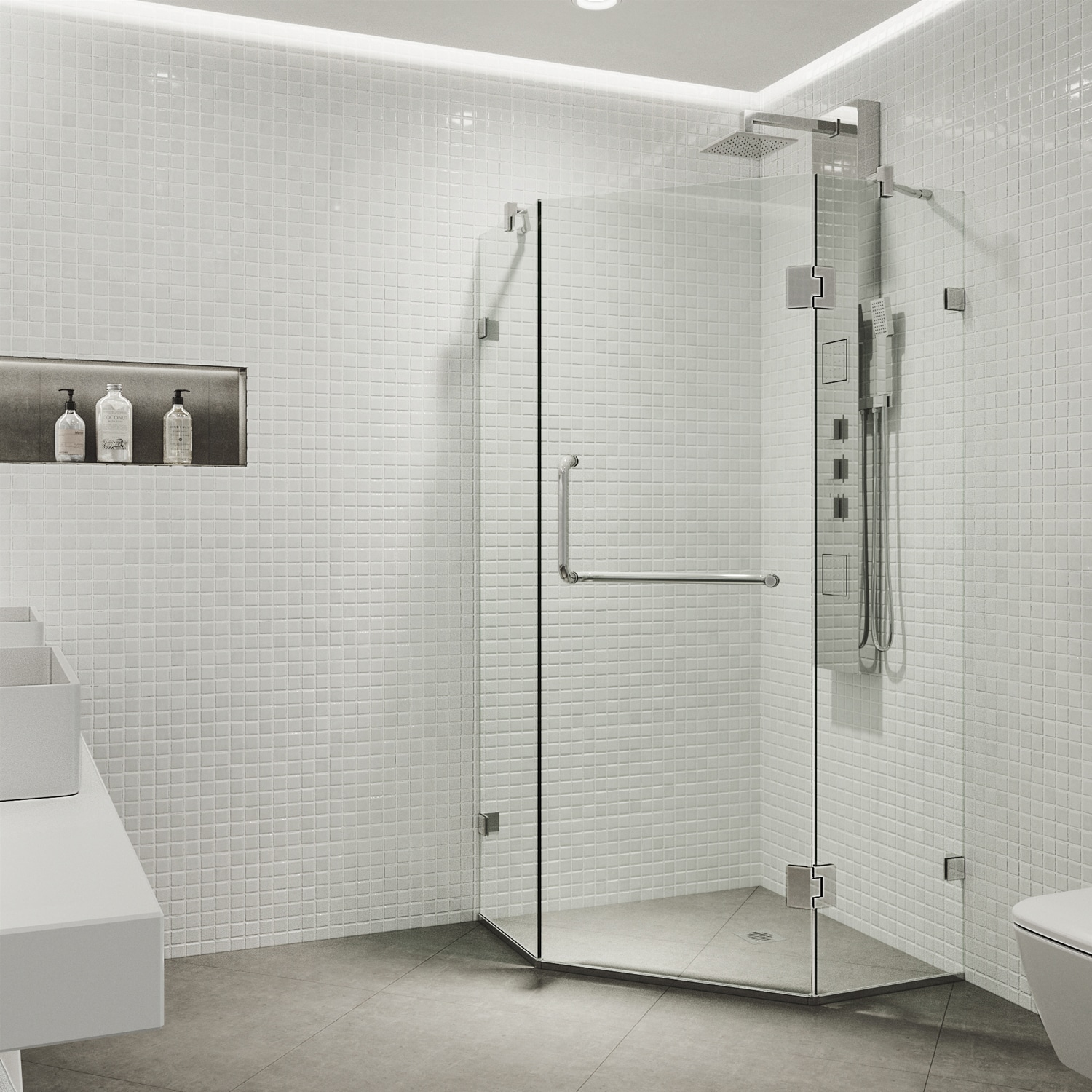 Piedmont Frameless Neo-Angle Shower Enclosure with Clear Glass and Brushed Nickel Hardware