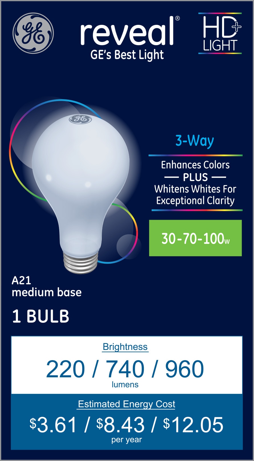 GE Reveal A21 Color-enhancing Medium Dimmable Incandescent Light Bulb at
