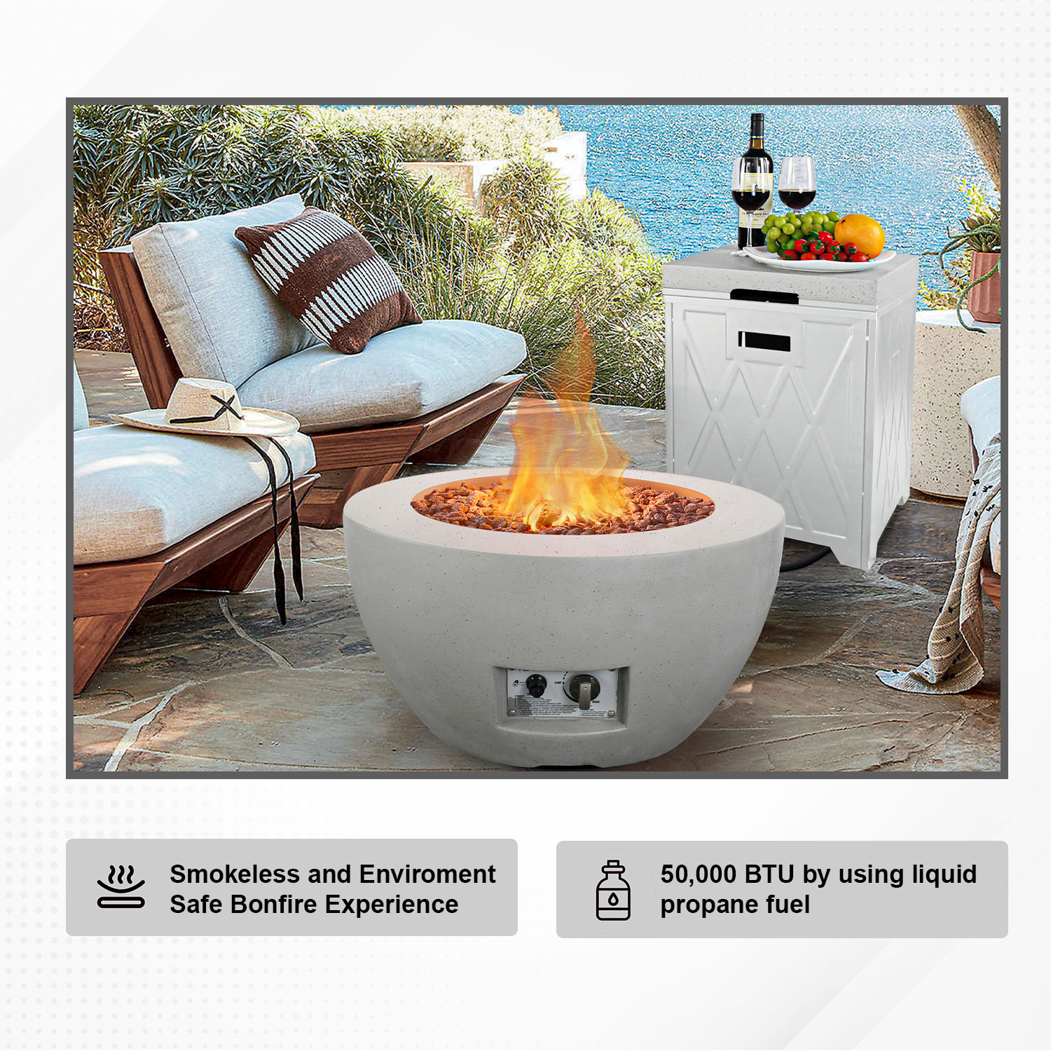 Light Gray Concrete Round Gas Fire Pit Table