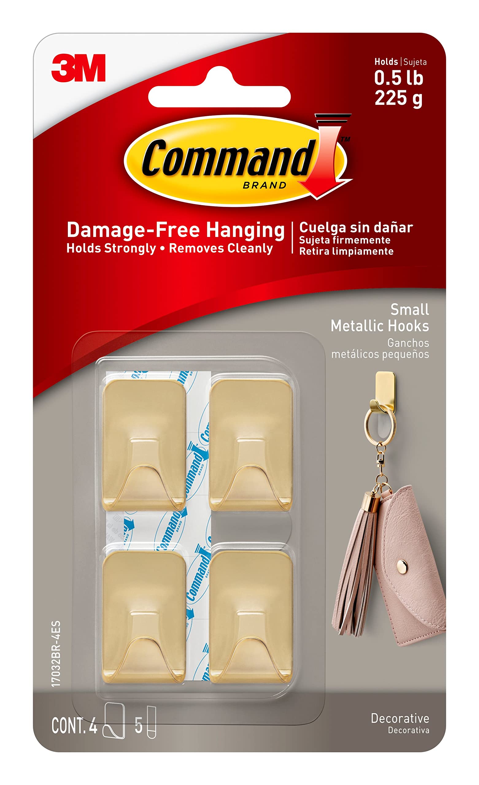 Command Small Metallic Hooks Brass Finish 4-Pack with 5 Adhesive Strips - Holds up to 0.5 lb #17032BR-4ES