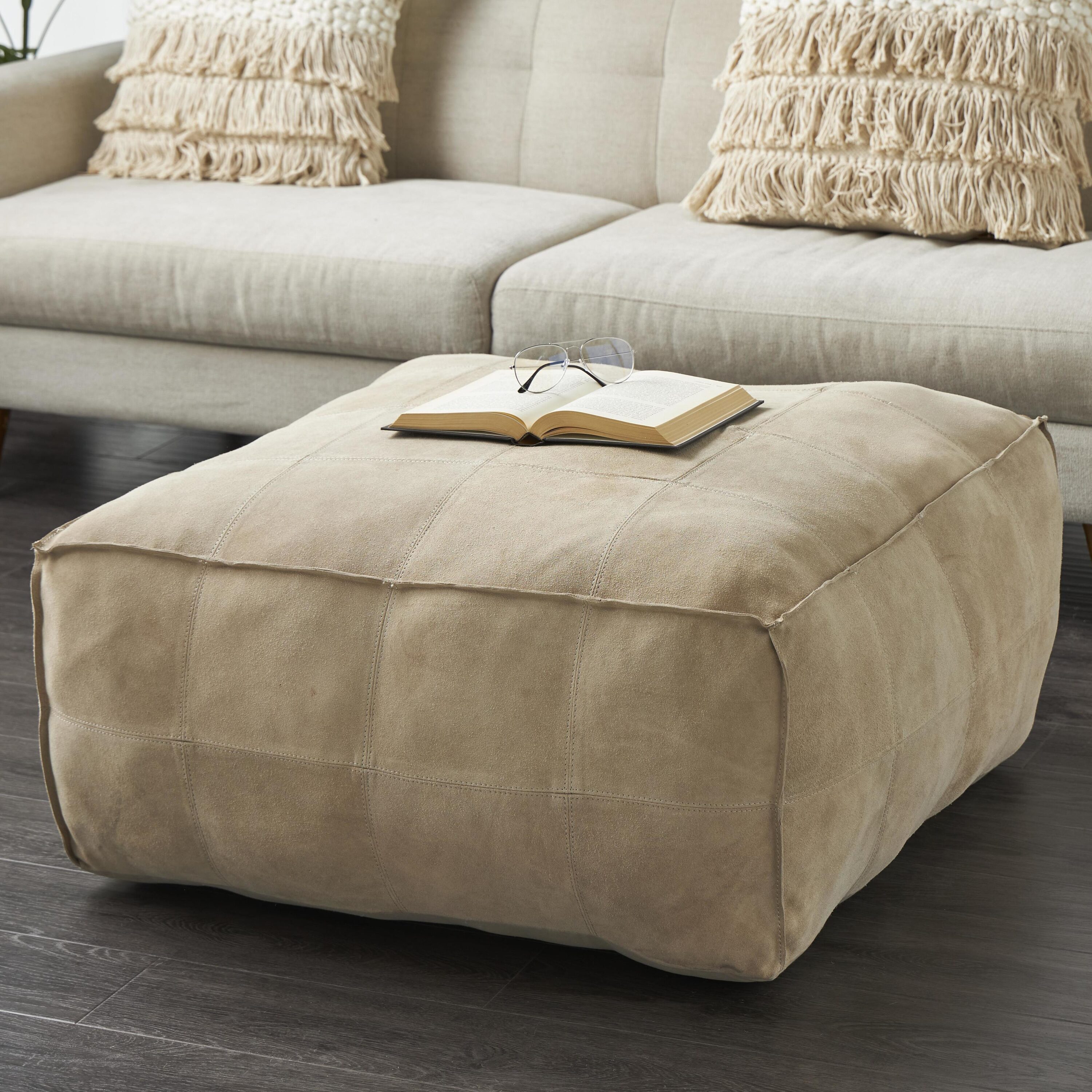 Grayson Lane 821553 Rustic Gray Patchwork Genuine Leather Ottoman