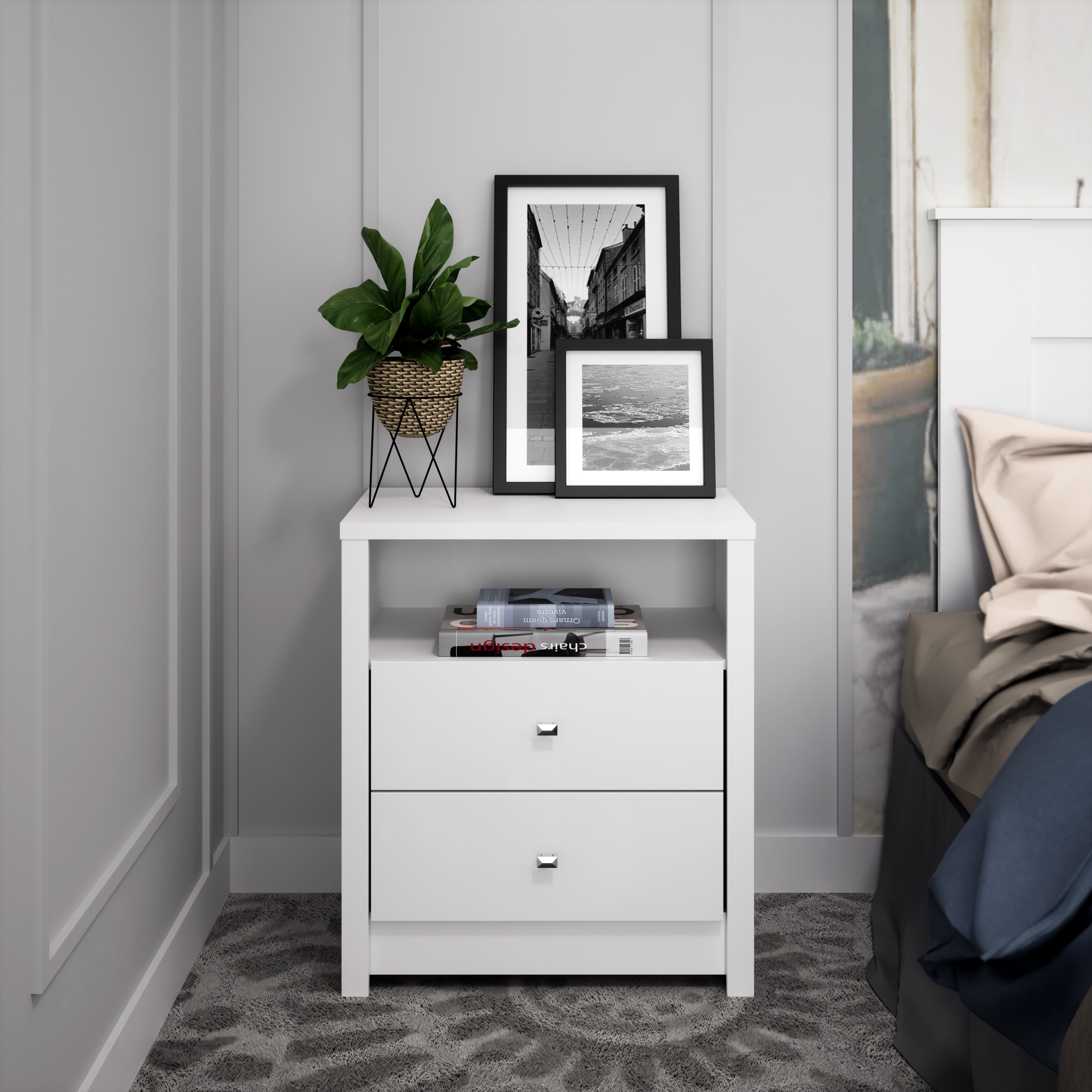 Prepac Calla 2-Drawer White Nightstand with Chrome Knobs and Smooth ...