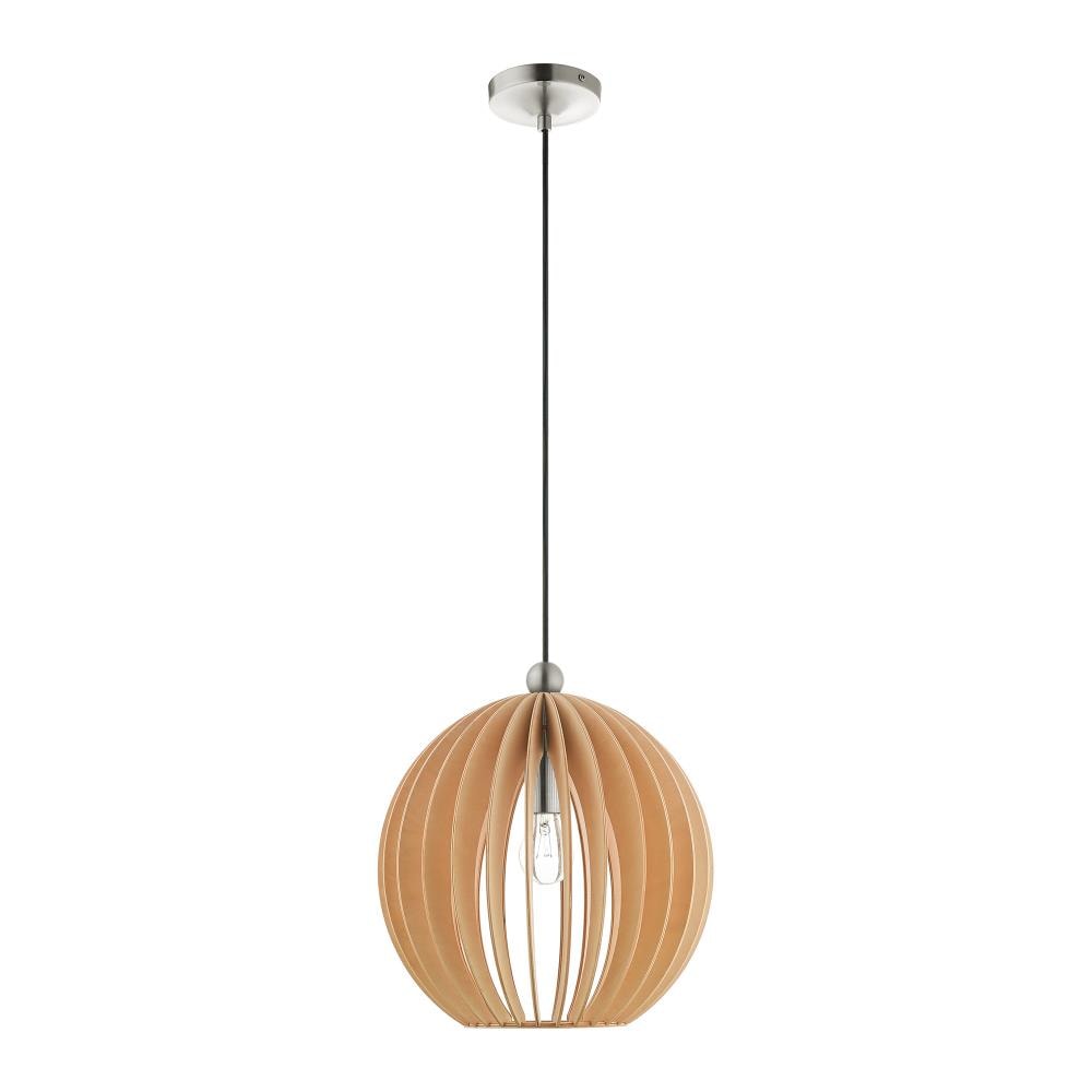 Mini Globe Brushed Nickel Pendant with Round Wood Shade