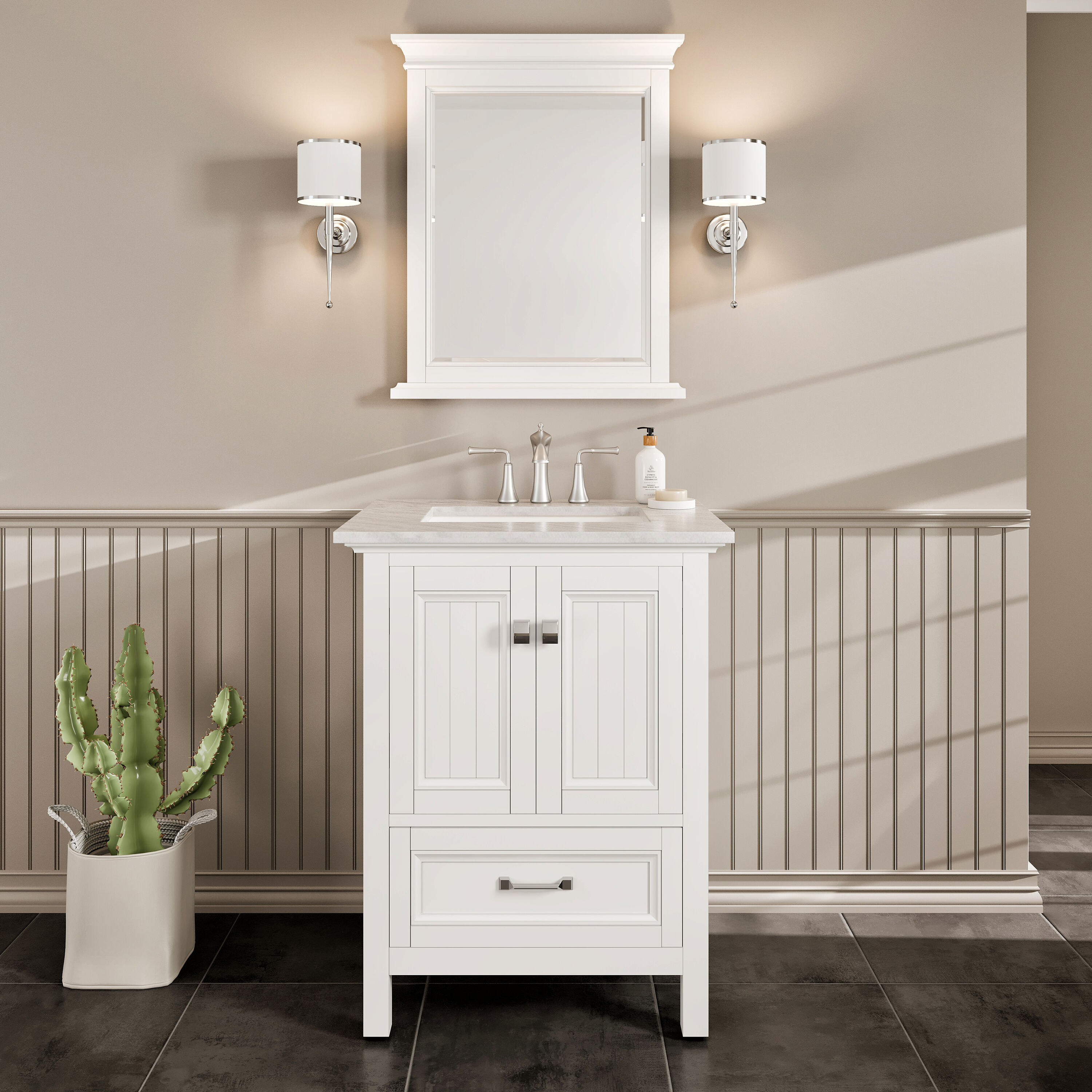 Eviva EVVN612-24WH  Britney 24 Inches Wide, 22 Inches D White Bathroom Vanity with White Carrara Marble Vanity Top and Rectangular Undermount Sink