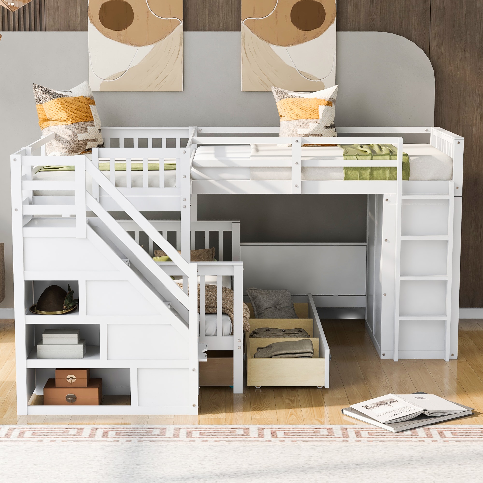 JIMSMAISON JMLFFB37W White Nonstandard Wood Bed frame Bed with Storage