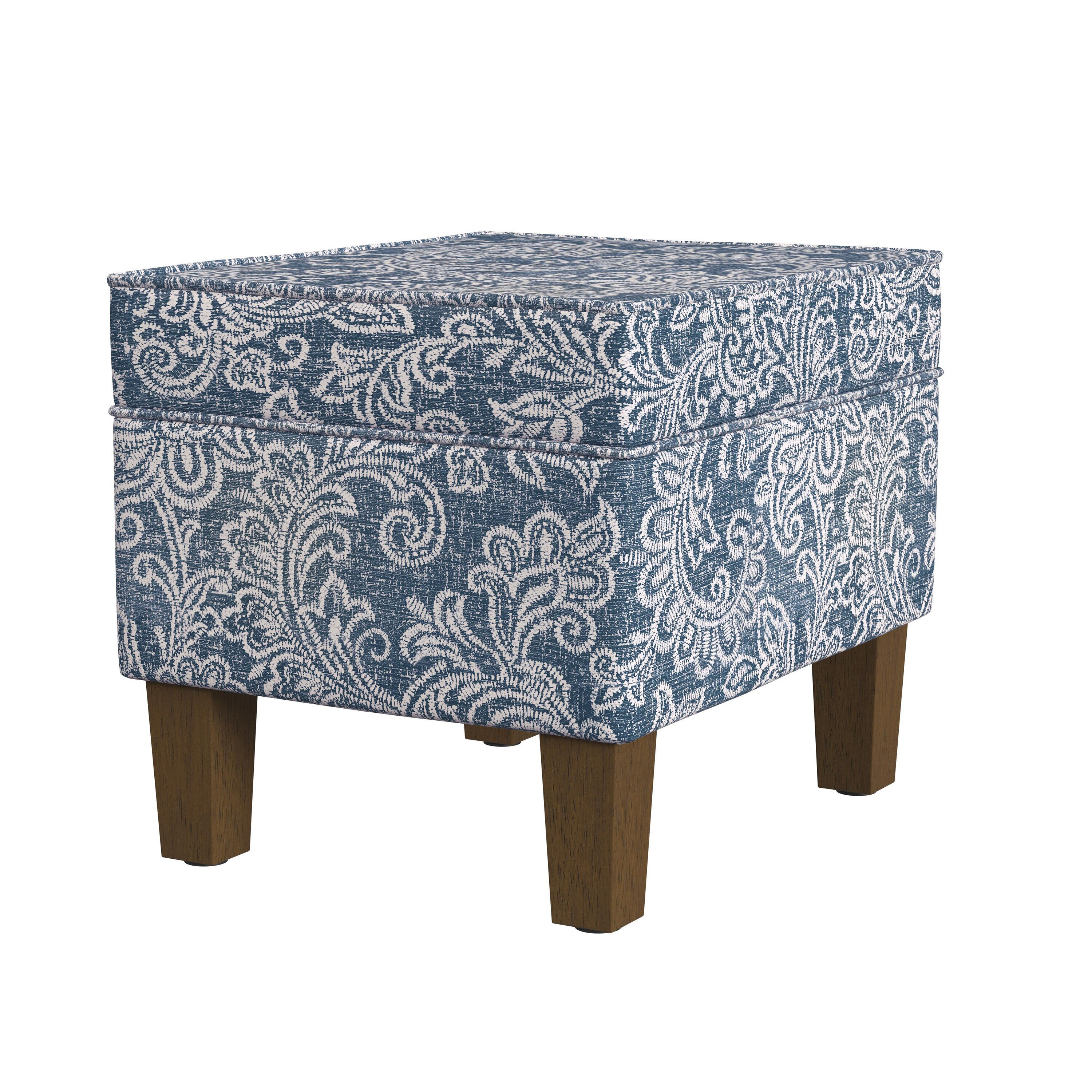 Medium Blue Denim Jacobean Print Storage Ottoman with Hinged Lid