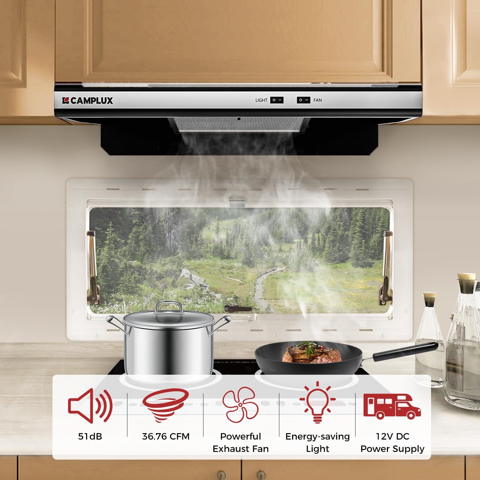Anqtovp RV Range Hood 22 Inches 12V DC Vented Hood with Stainless Steel ...