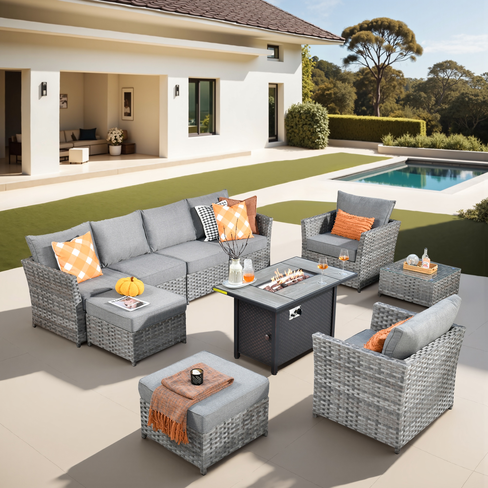 Pouuin SCFPBRS209 Wicker Outdoor Sectional with Dark gray Cushions and Wicker Frame