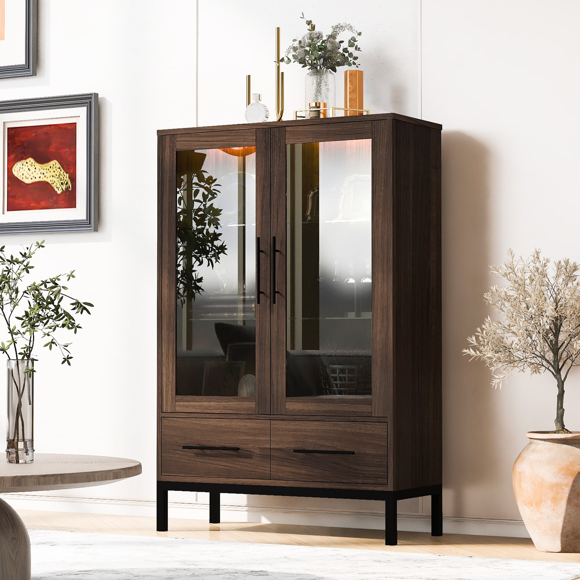 Tatayosi JL-P261801D 60inch Tall Display Cabinet with 2 Storage Drawers; Pantry with Glass Door  LED Lighting; Farmhouse Storage Cabinet with 4-Tier Adjustable Glass Shelves for Living Room; Hallway; Office; Study - Walnut