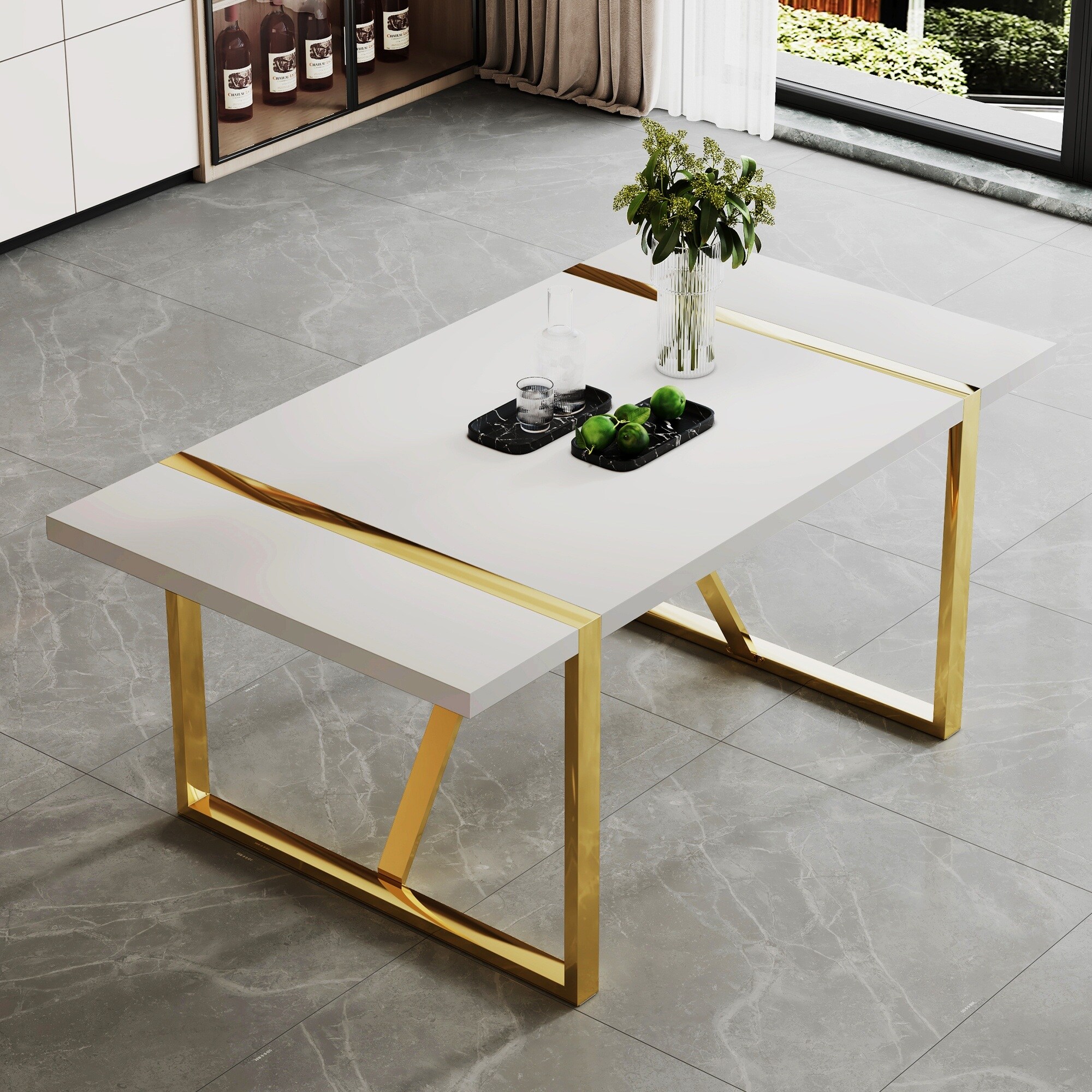 Horizons Prime 71 inch x 39 inch x 30 inch White MDF Industrial Dining Table with 2 Inch Thick Tabletop and Golden Metal Legs