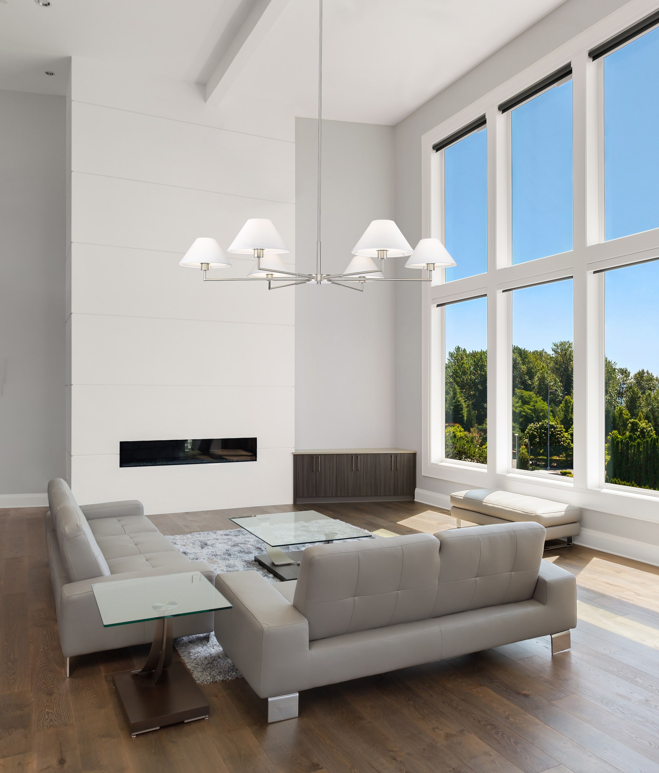 Leila Brushed Nickel 6-Light Chandelier with White Linen Shades