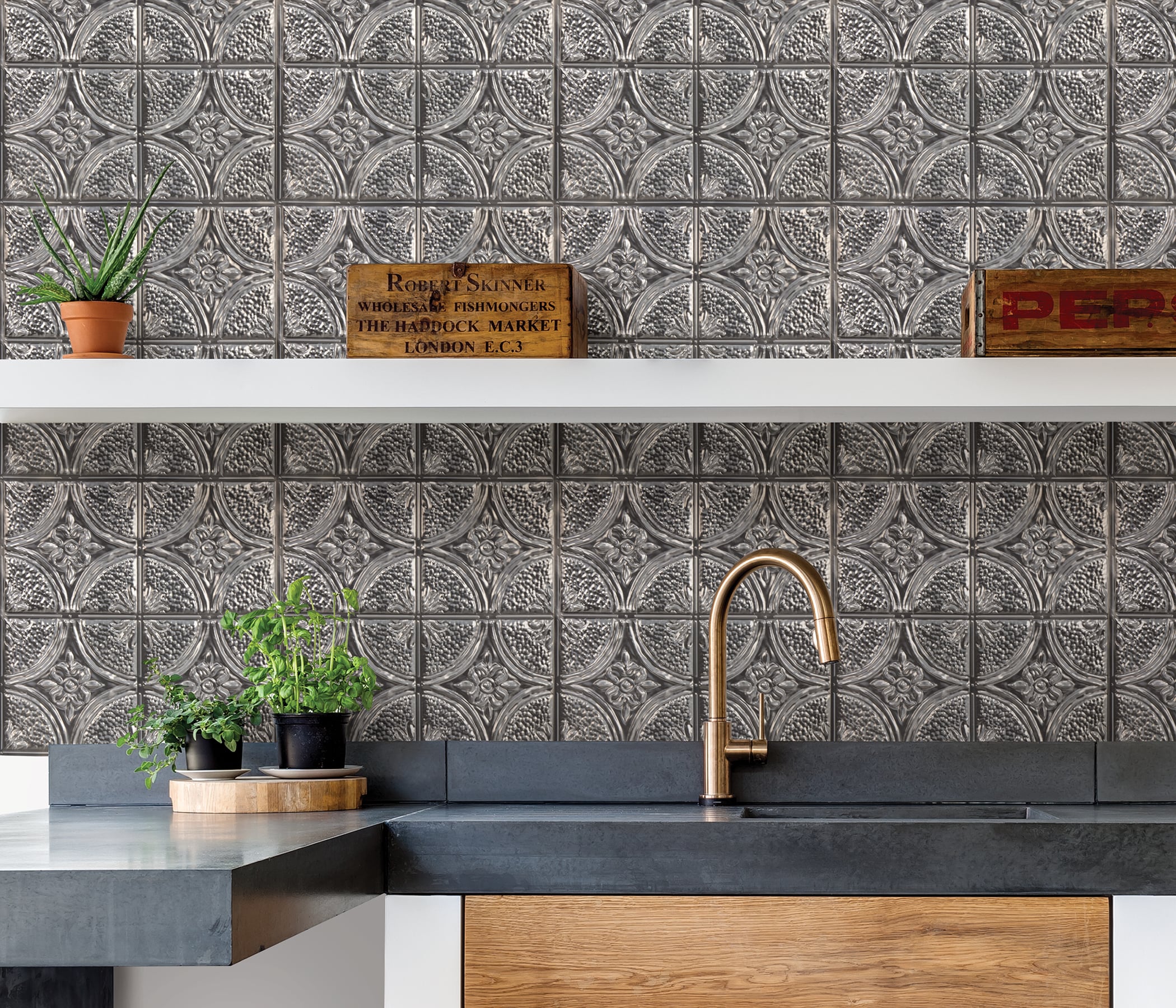 Camden Antique Silver Faux Tin Self-Adhesive Backsplash Tiles