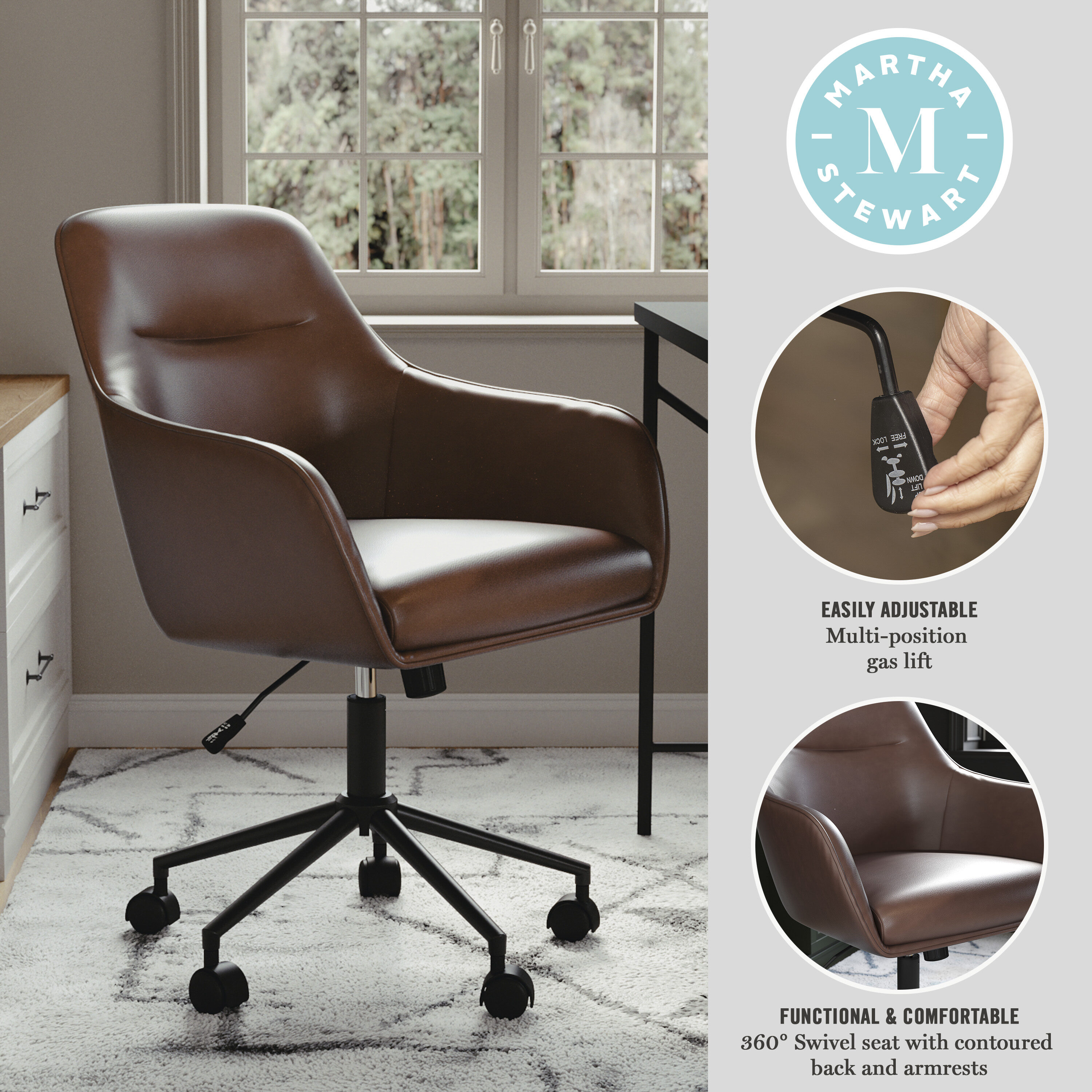 Saddle Brown Faux Leather Swivel Office Chair with Oil Rubbed Bronze Frame