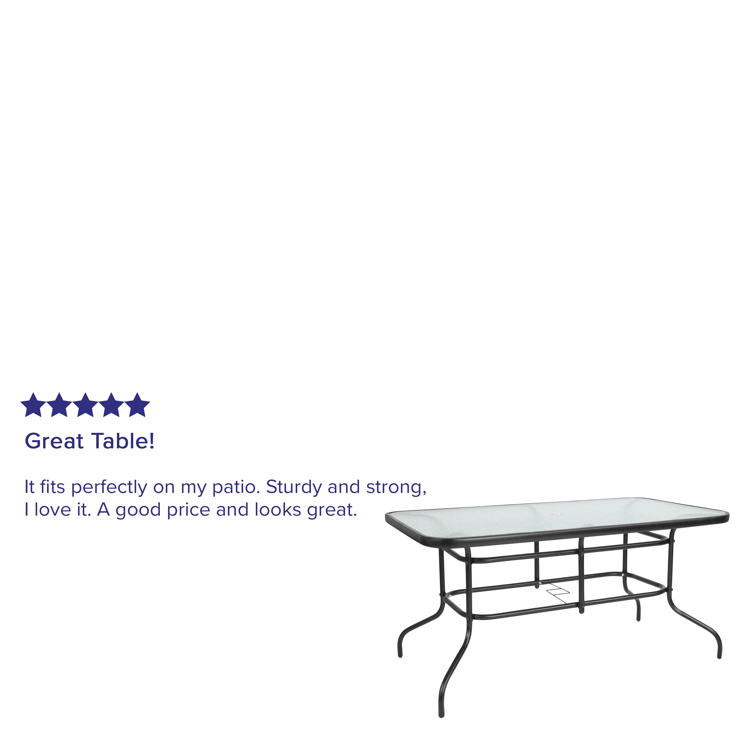 Black Steel Rectangular Patio Table with Glass Top and Umbrella Hole