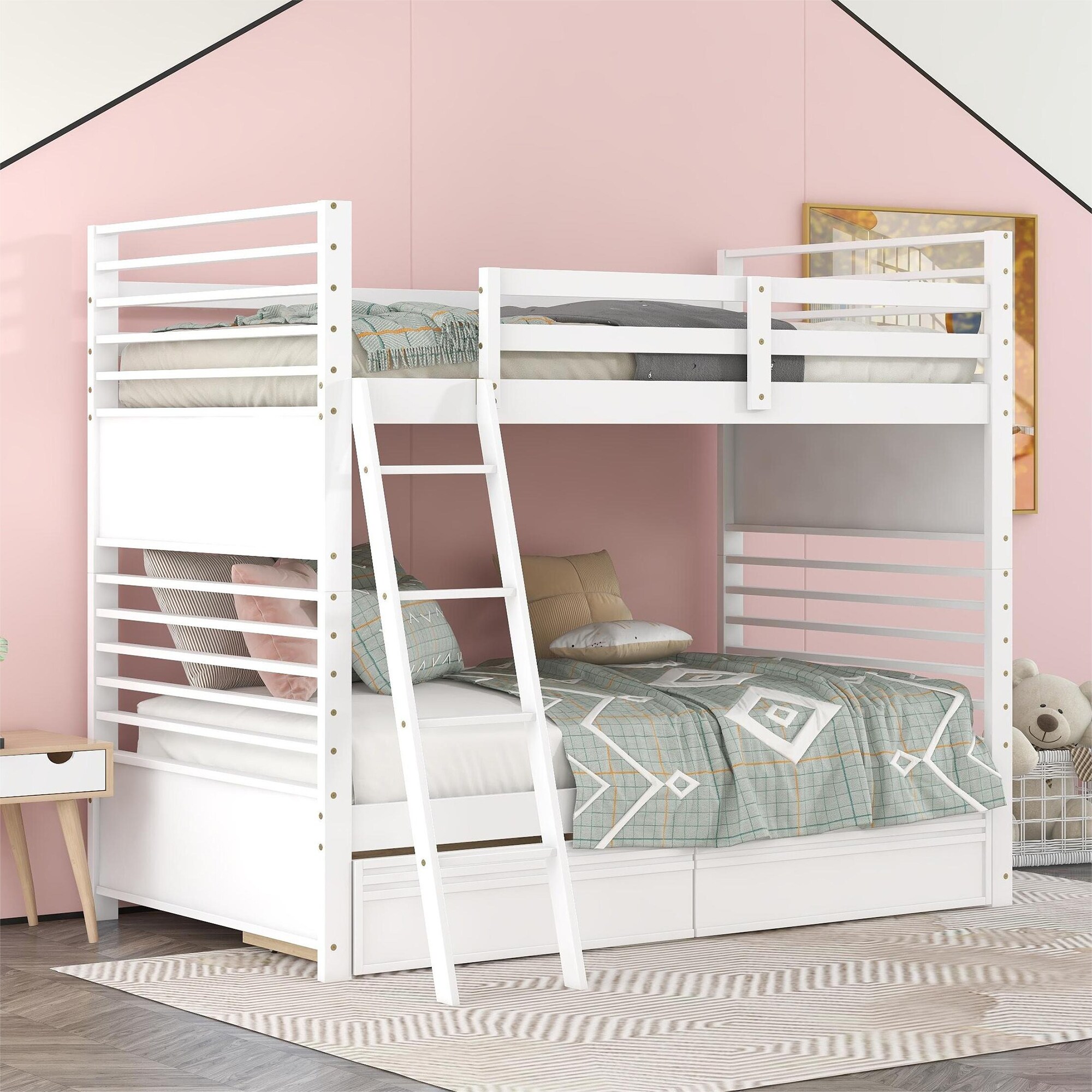 ModernLuxe LT000522AAK Twin over Twin Wood Bunk Bed with Two Drawers  White