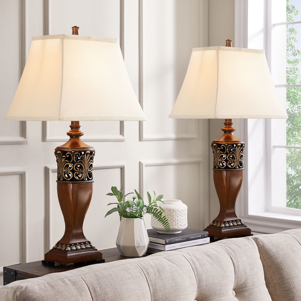 True Fine 30-in Wood Tone LED Rotary Socket Table Lamp with Fabric Shade  (Set of 2) in the Table Lamps department at