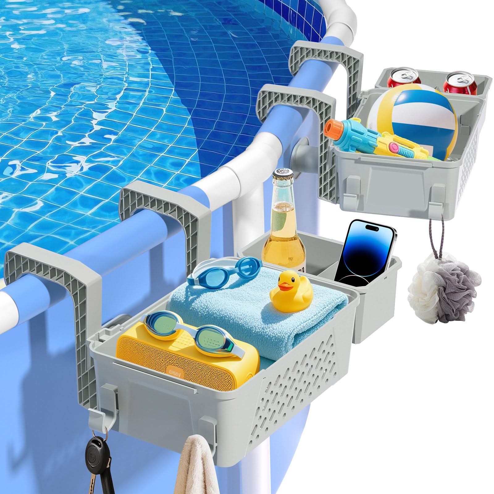 Misopily  2 Pack Poolside Storage Basket with Cup Holder Above Ground Pool Accessories Hanging Storage Baskets Fits 3 Inch or Less Top Rail Grey