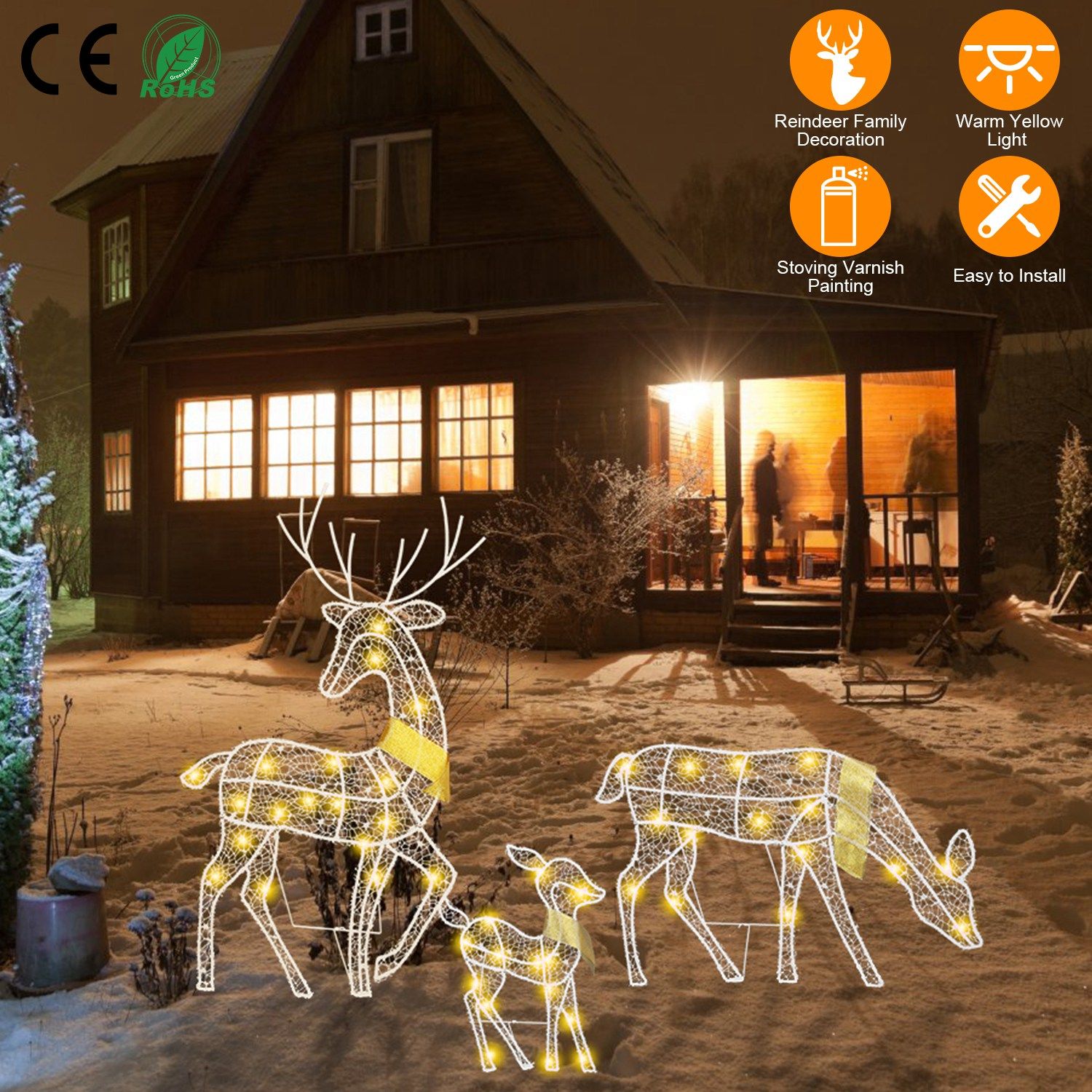 OBERSTER 3 Set of Reindeer Family Lighted 2D Christmas Deer Decoration Warm Yellow Light 3 Lighting Modes Buck Doe Fawn Indoor Outdoor Christmas Decoration