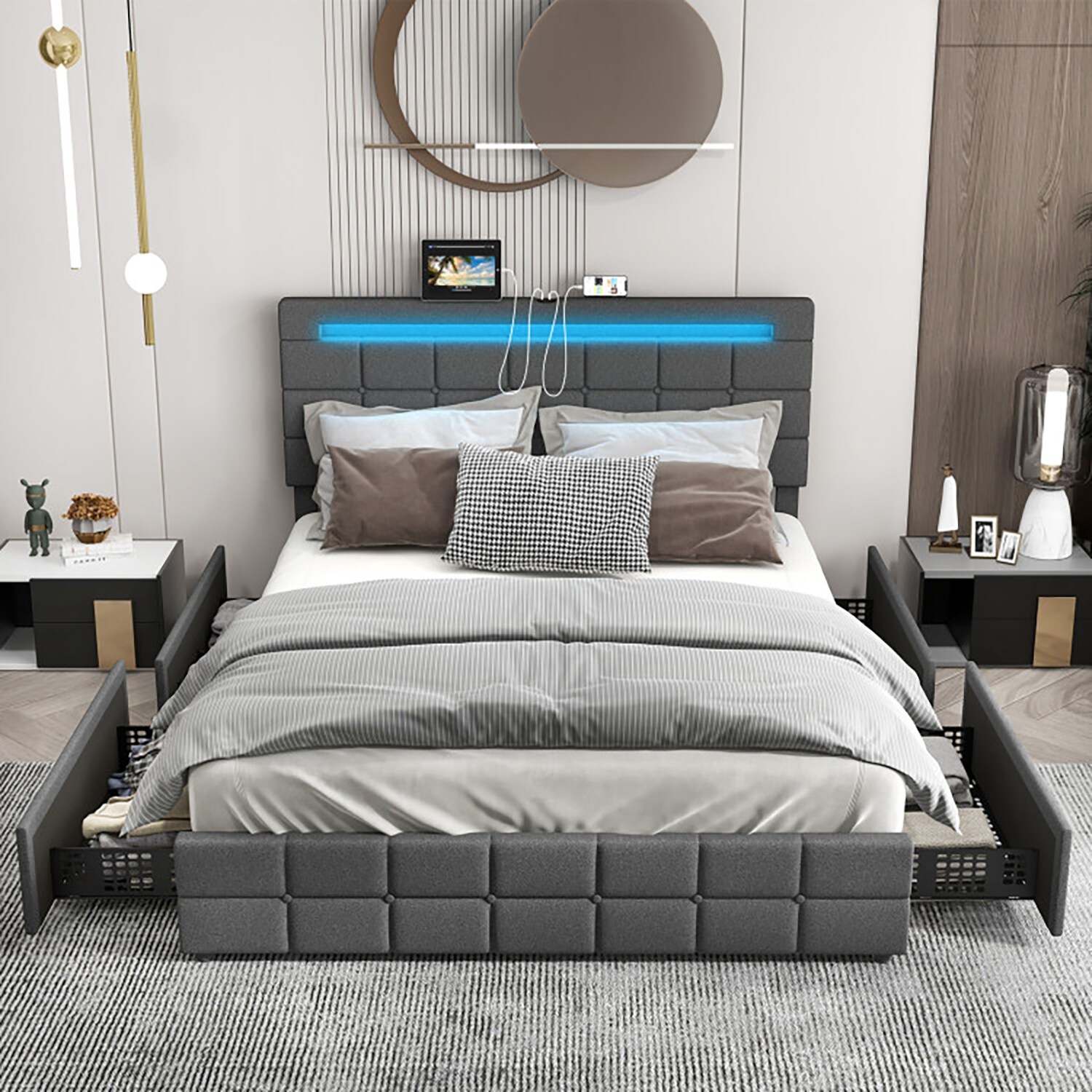 GZMR GZ-WAB6531 Queen Gray Bed Frame Storage with Headboard