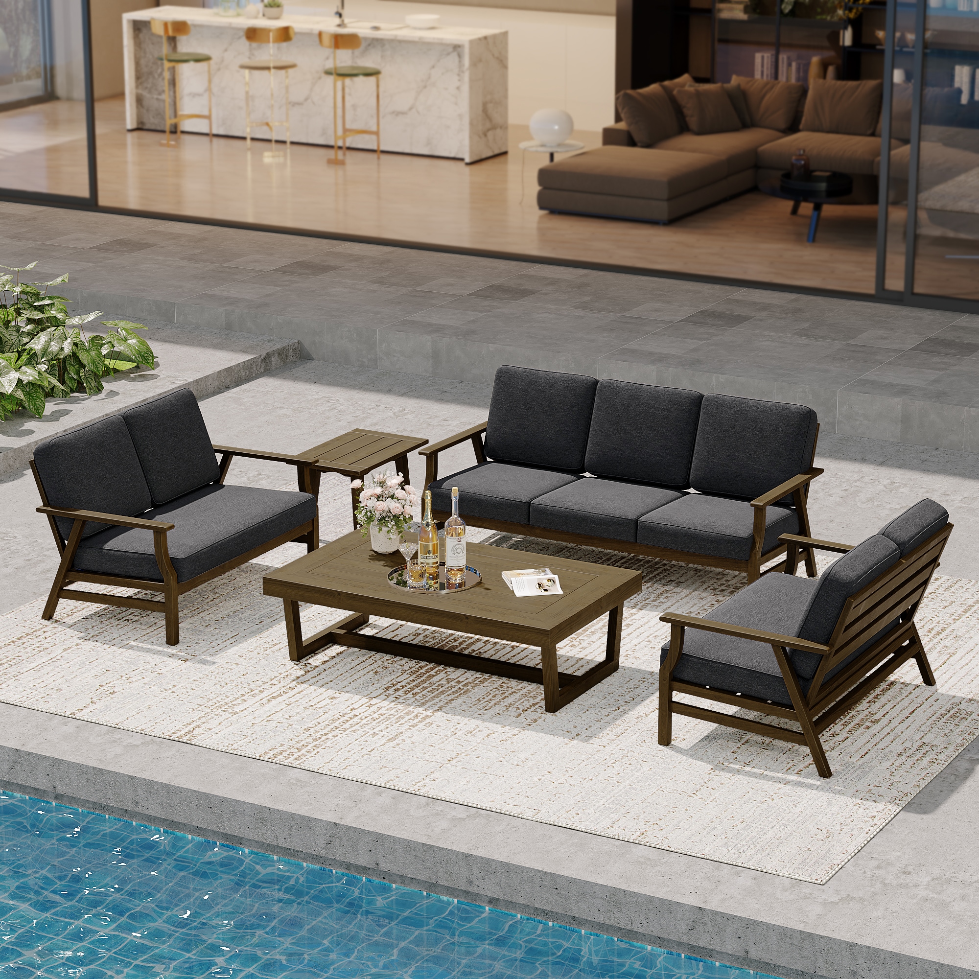 Dreamsidea 5-Piece Outdoor Conversation Set Seats 7 - Modern Teak Wood 70-in Sofa- 2 Loveseats and 2 Tables