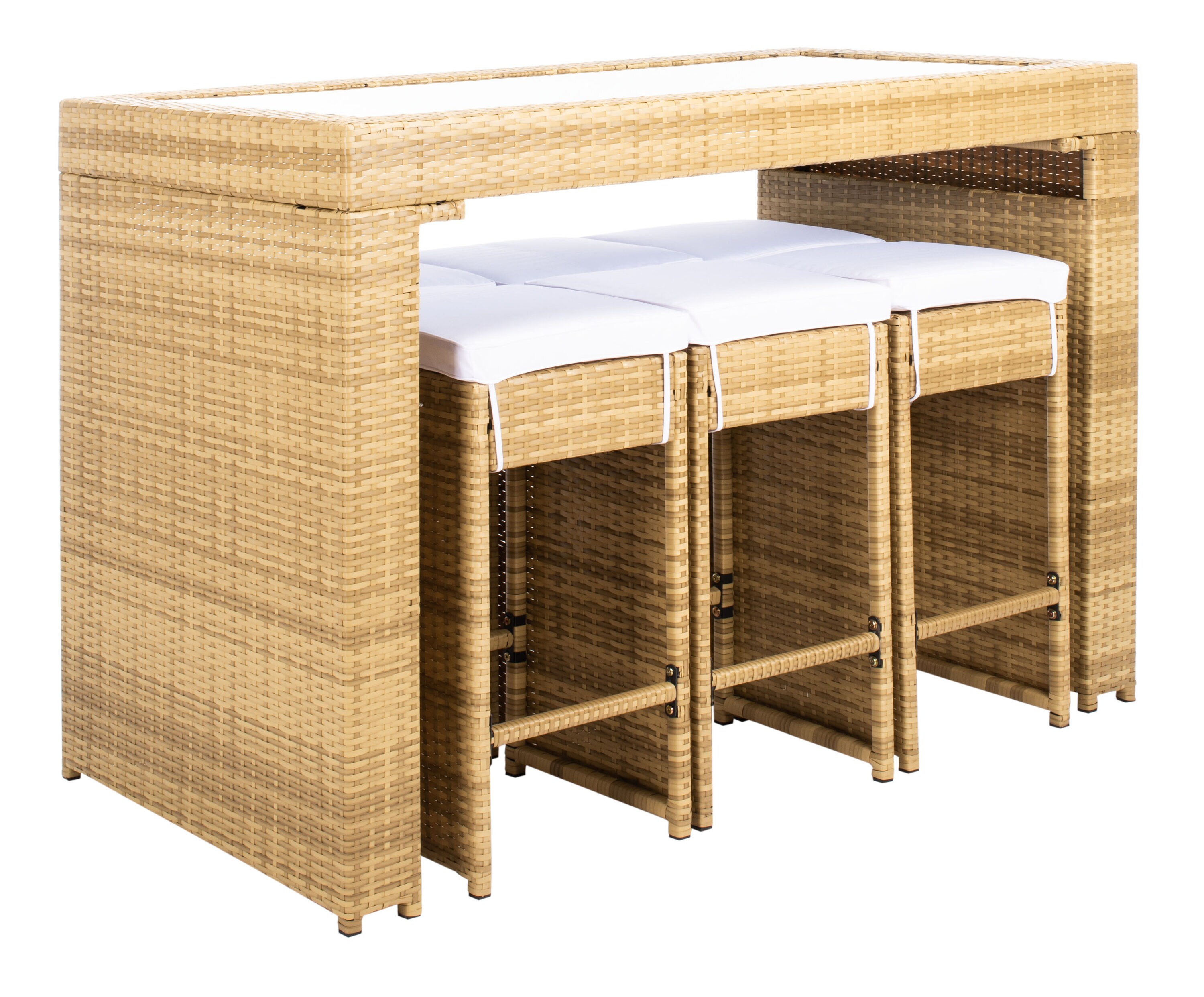 Natural Wicker 7-Piece Outdoor Dining Set with White Cushions