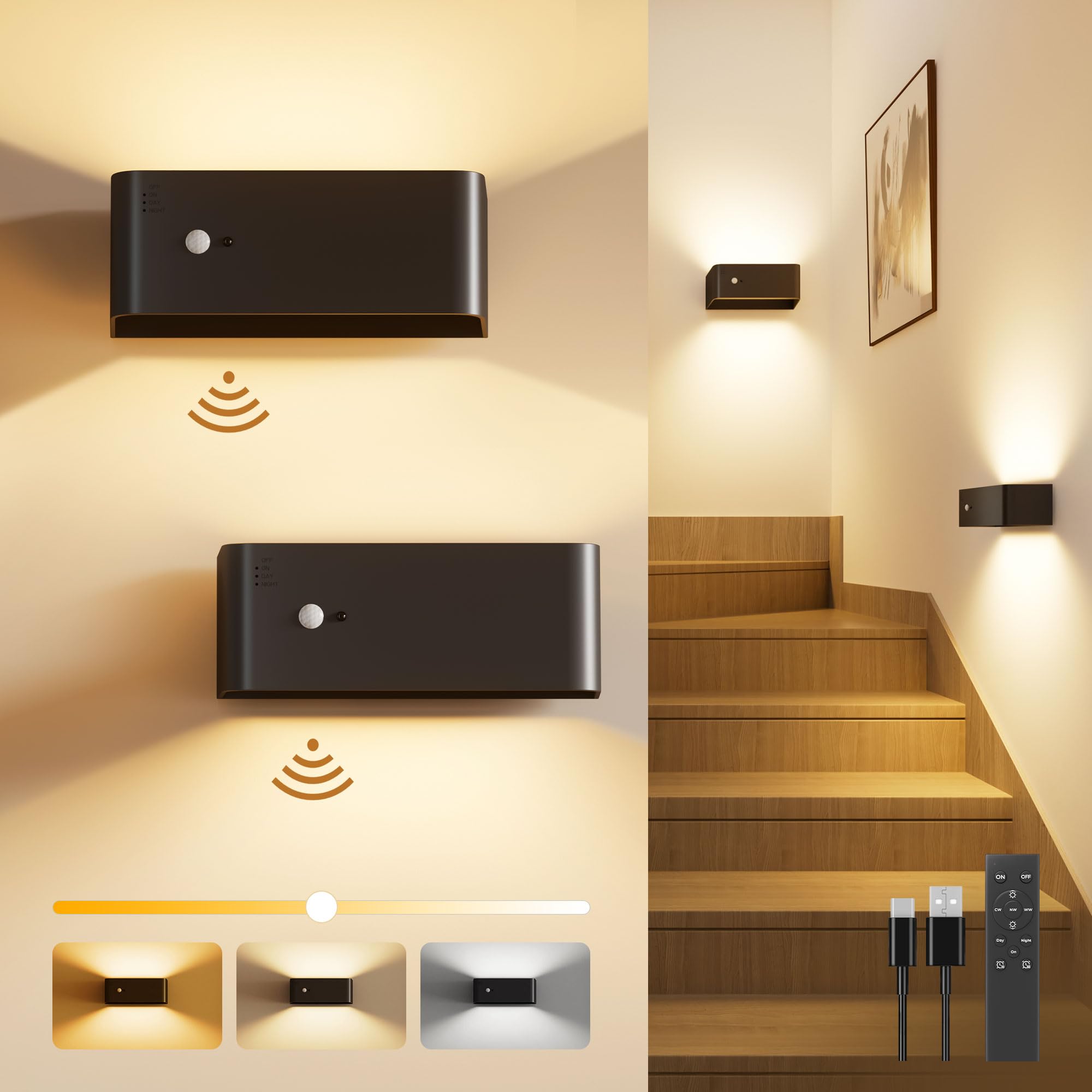 JVFCXXV  Motion Sensor Wall Sconce Indoor LED Wall Light Set of Two renewable power power cell Operated Brightness Adjustable for Stair Closet