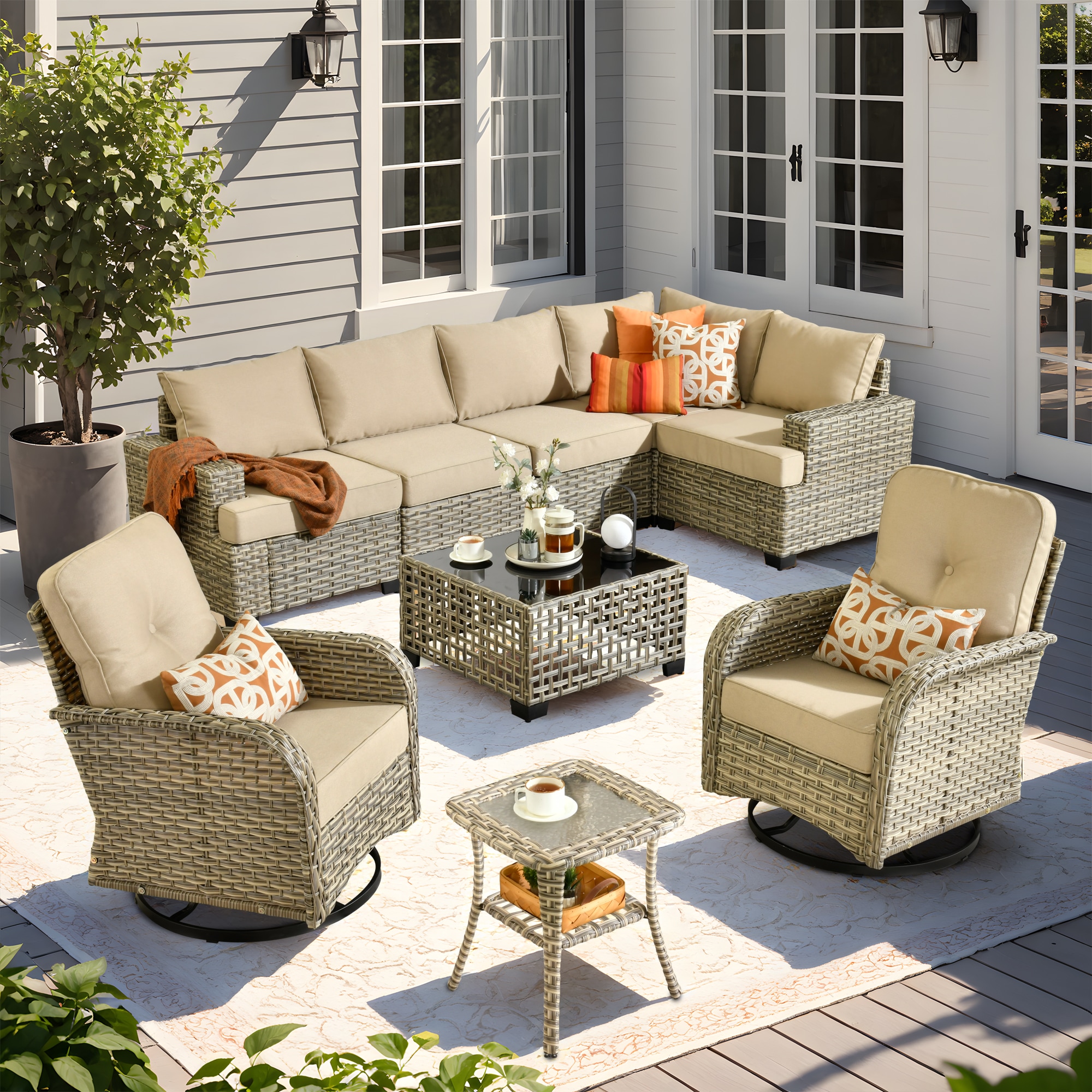 Pouuin SVYZBS600-9 Wicker Outdoor Sectional with Beige Cushions and Wicker Frame