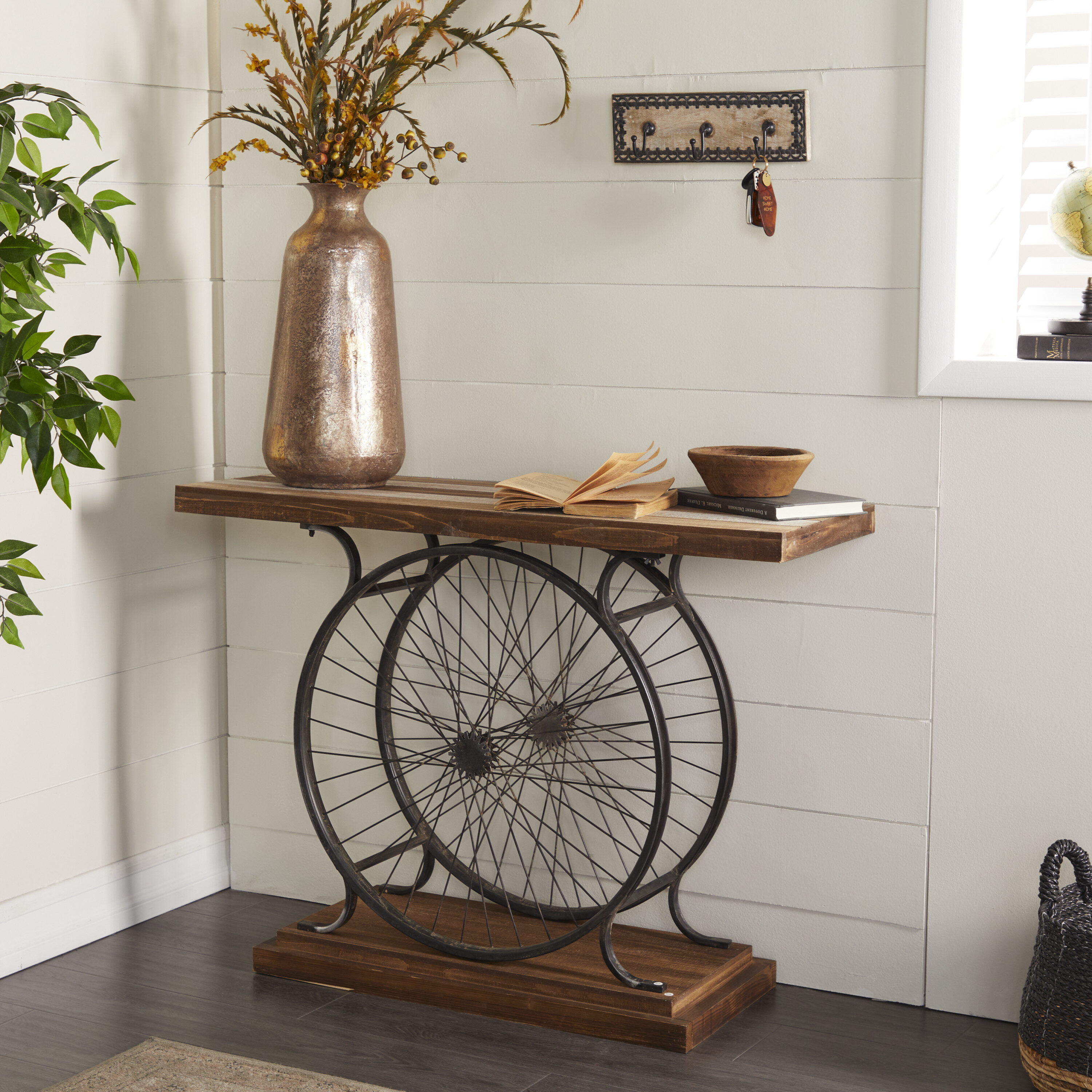 Grayson Lane 59444 Industrial 39" Brown Wooden Bike Wheel Console table