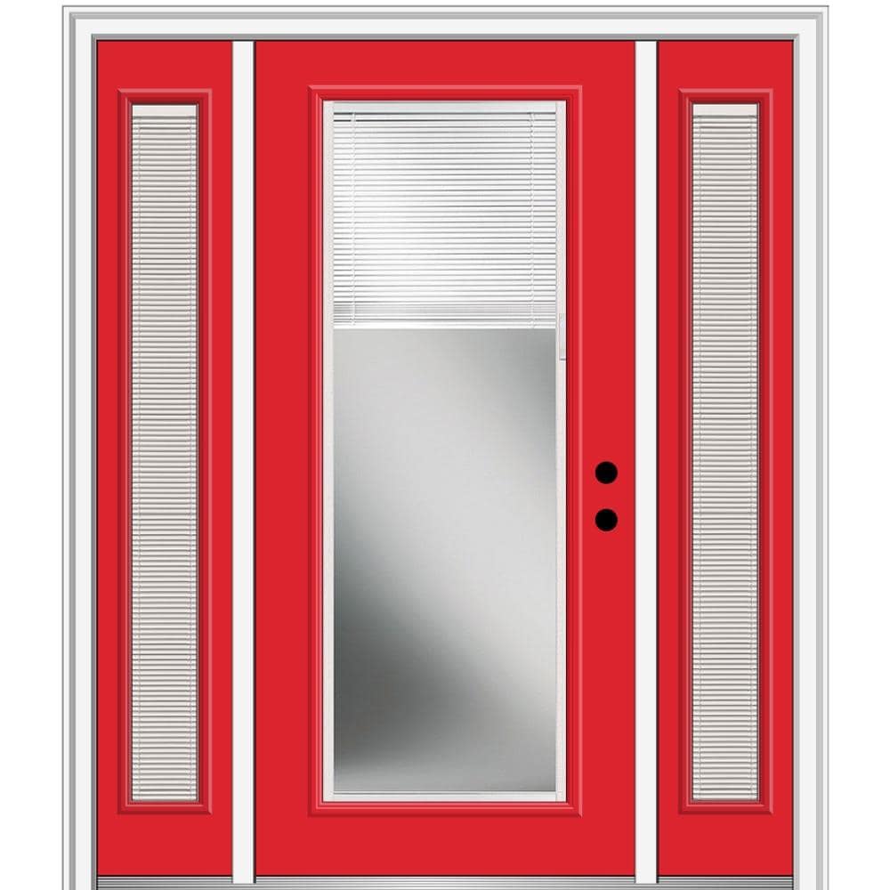 MMI DOOR ZZ362025L 60-in x 80-in x 4-9/16-in Fiberglass Full lite Left-hand inswing Red Saffron Painted Prehung Front Door with Sidelights with Brickmould Insulating core with Blinds