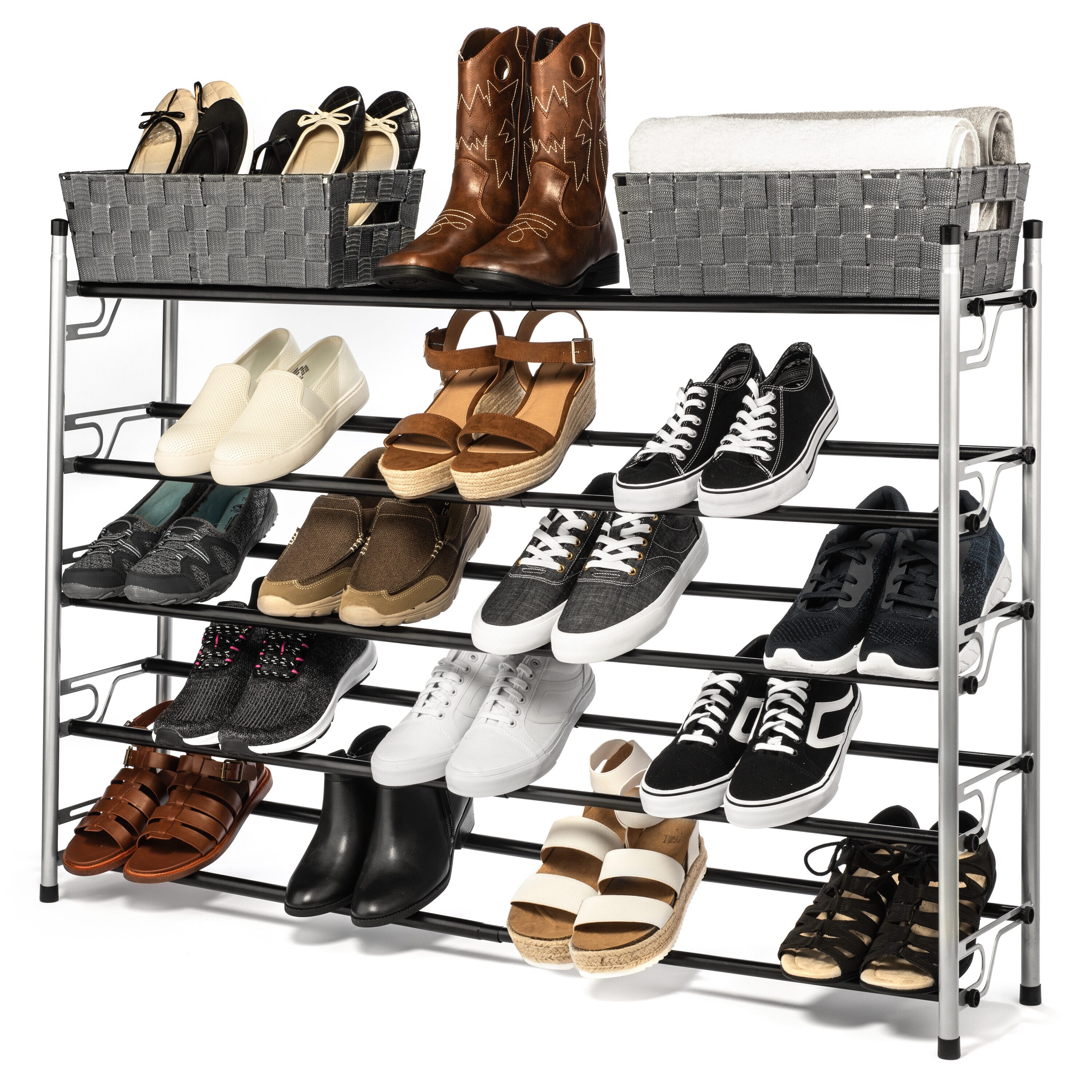 Tiered Matte Black Metal Pipe Freestanding Expanding Shoe Rack