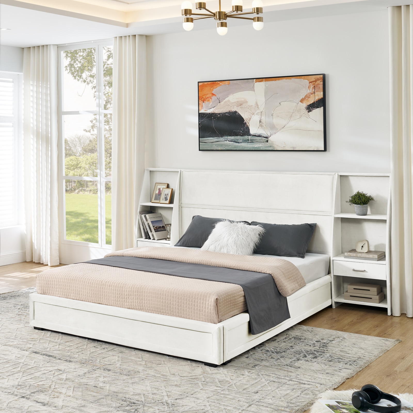 CHITA Queen Beige Platform Bed Frame with Storage Drawers and Storage ...