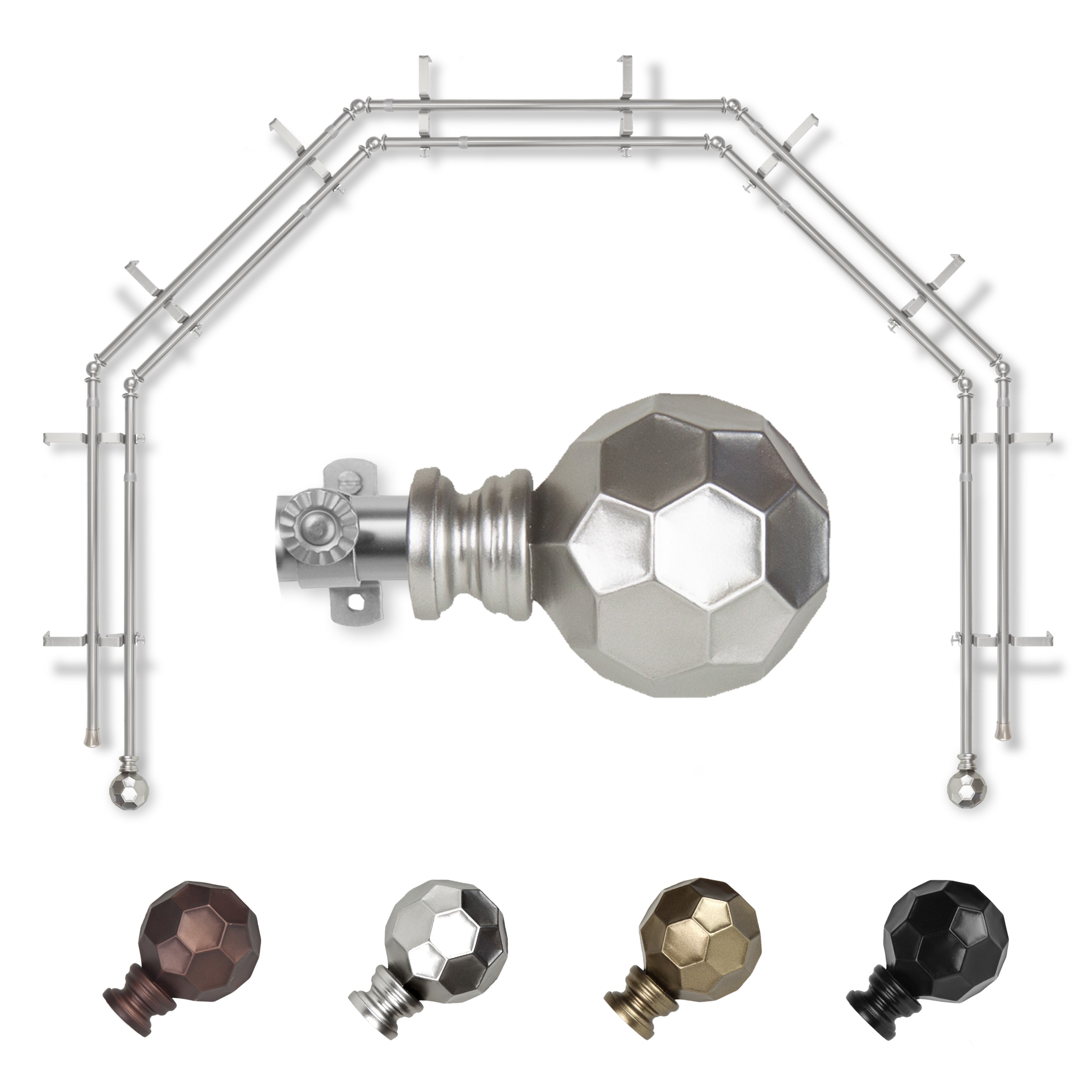 Hart & Harlow L-5BAY-90-5D Massimo 5-Sided Double Bay Satin nickel Steel Bay window curtain rod with Finials