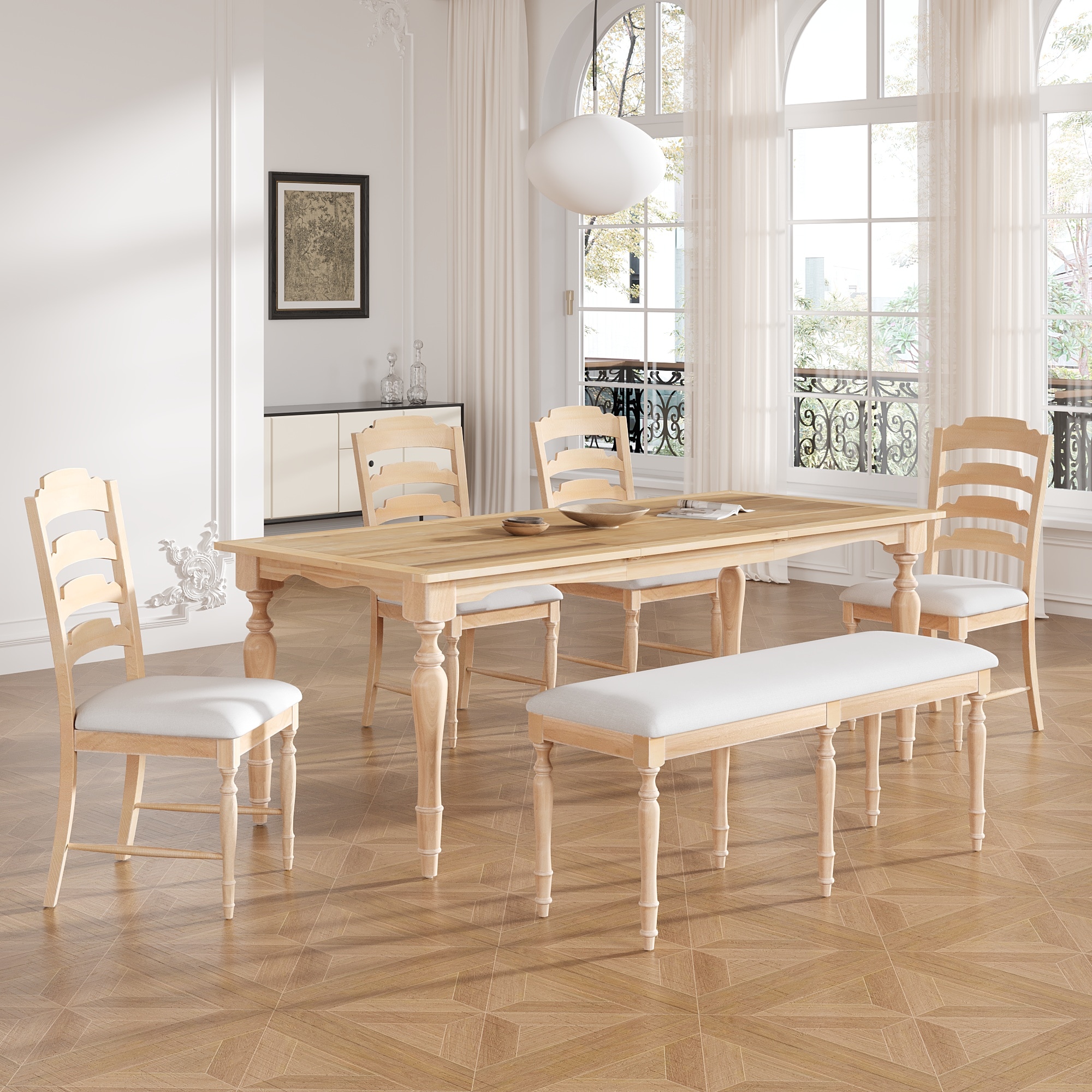 JANSNO DKSELL033 Natural Rustic Dining Room Set with Rectangular Table ( Seats 6 )