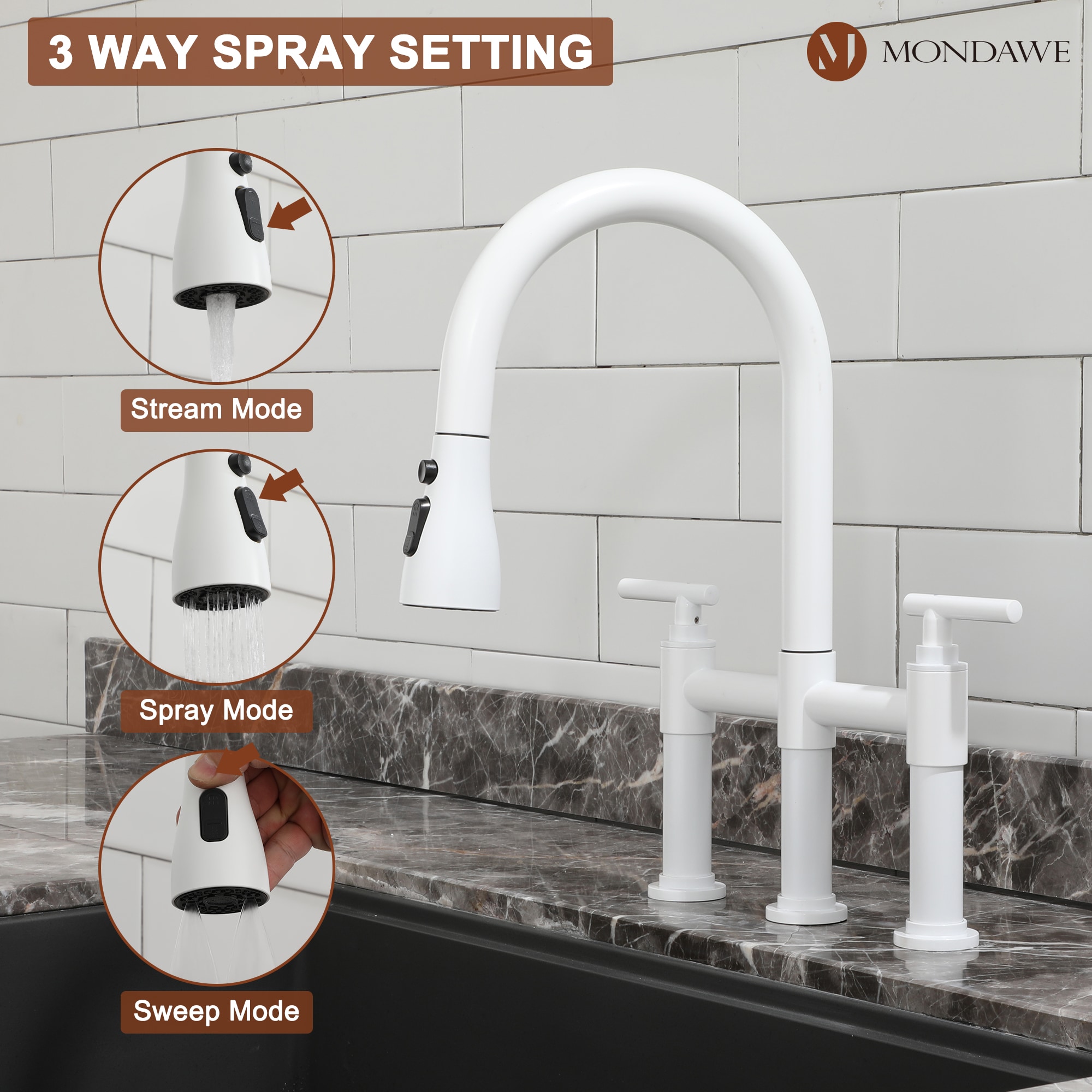 Mondawe MO2207DT-WH White Double Handle Deck-mount Bridge Kitchen Faucet with Sprayer