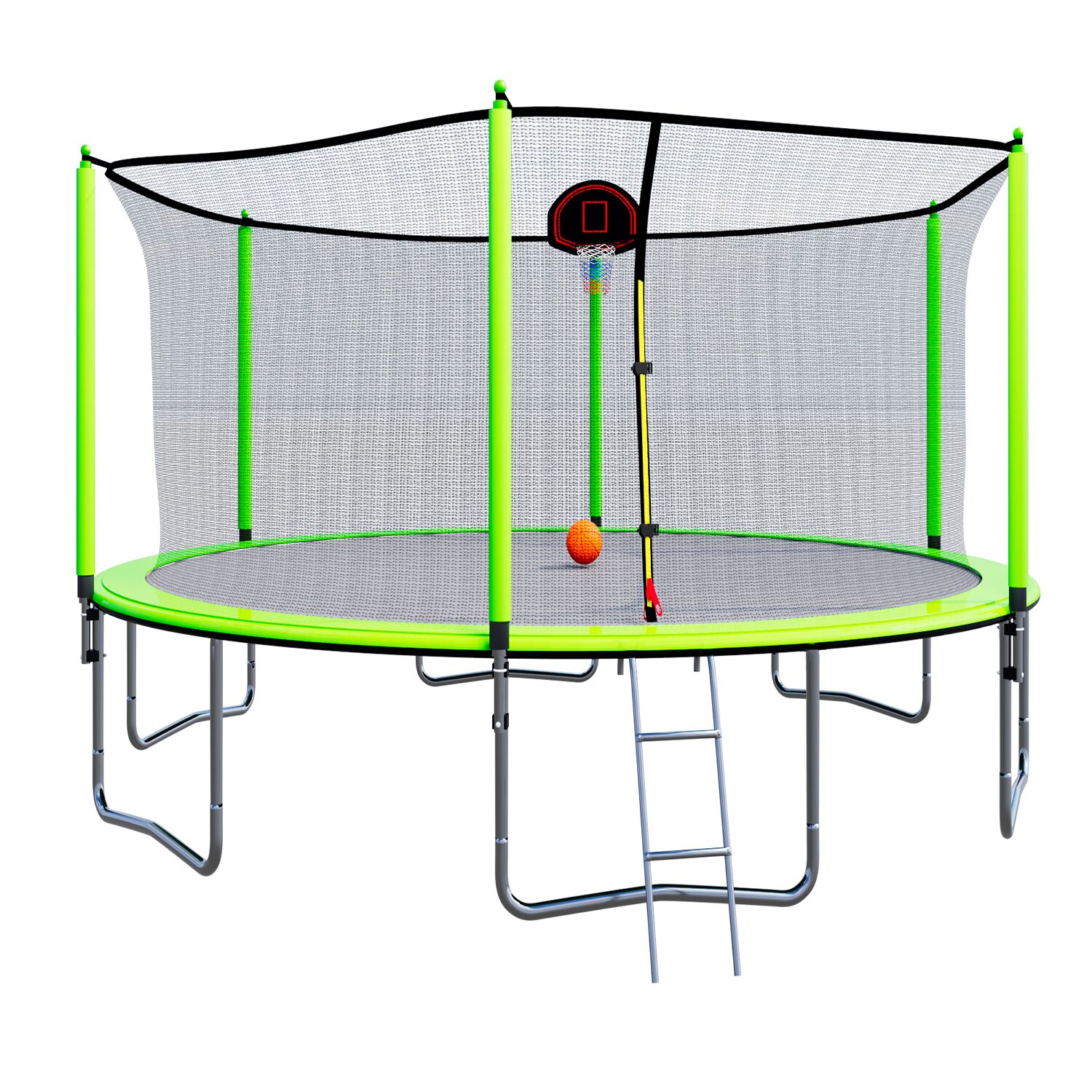 Maincraft D01-TP027 15FT Trampoline with Basketball Hoop Inflator and Ladder(Inner Safety Enclosure) Green