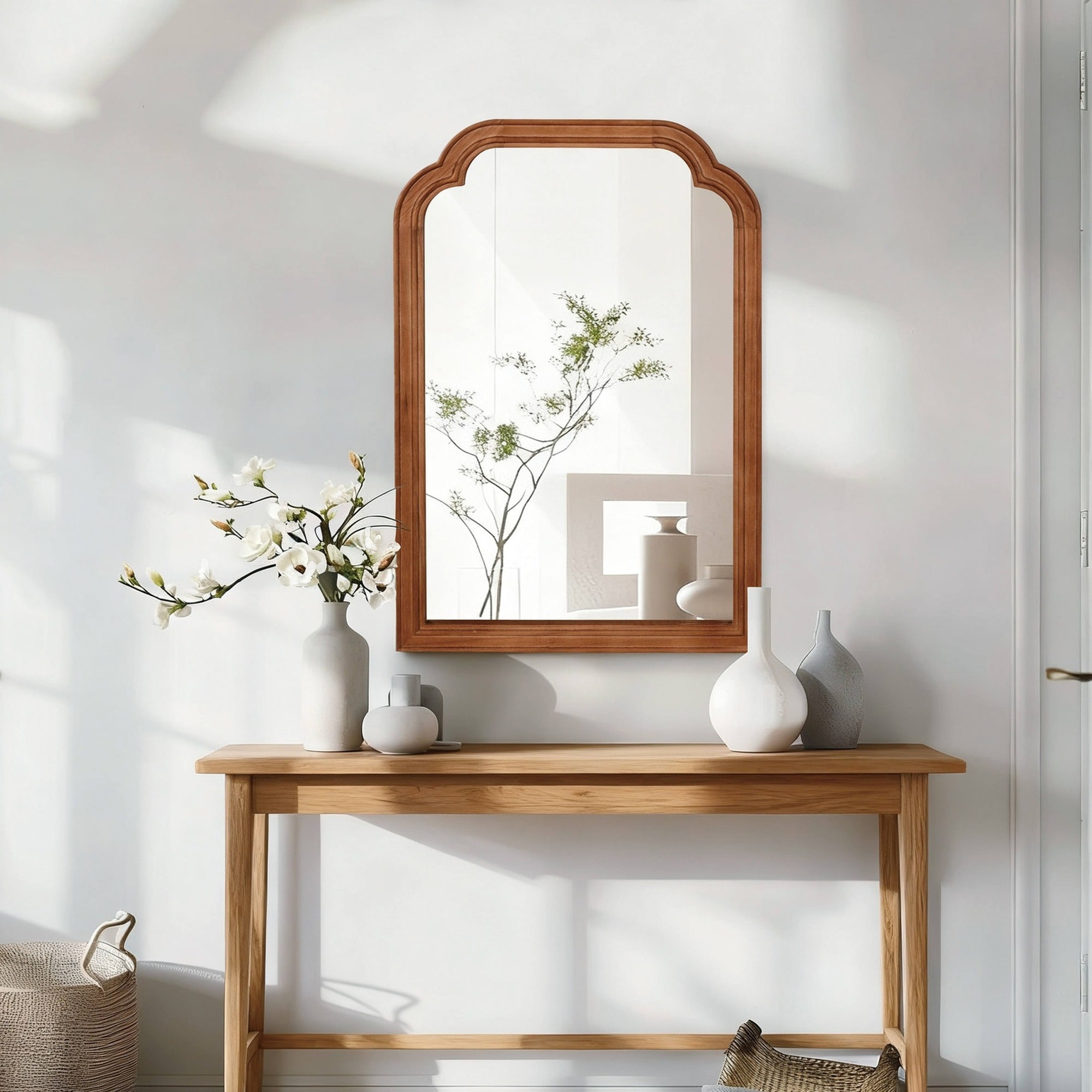 IAK 20 inch x 30 inch Yellowish Brown Solid Wood Frame Rounded Corner Decorative Mirror with Elegant Art Design