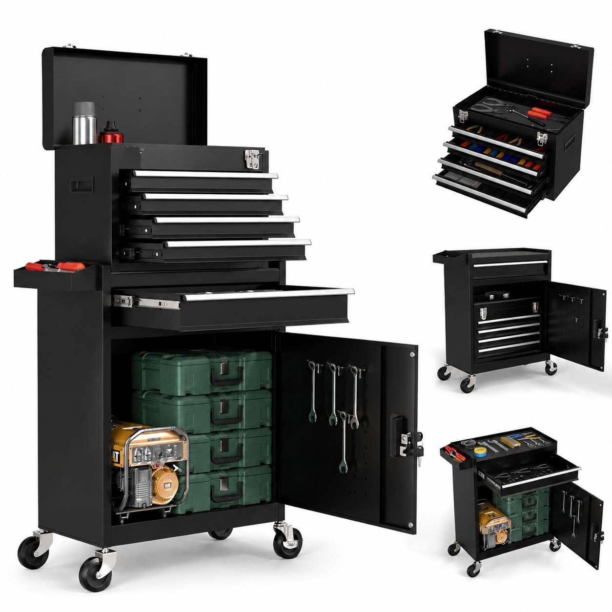 KIWDZFU  5 Drawers Black Tool Chest 2 in 1 Rolling Tool Box Removable Lockable Metal Storage Cabinet Tool Cart with Wheels for Garage Workshop