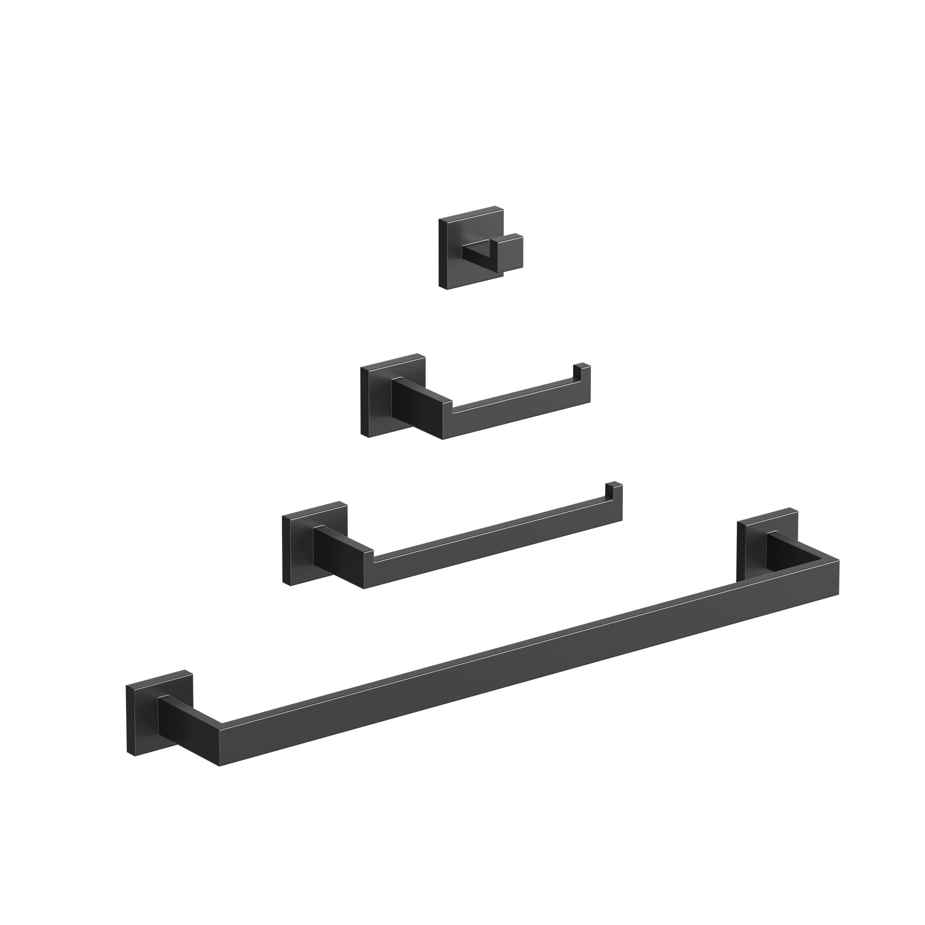  4-Piece Matte Black Stainless Steel Bathroom Hardware Set with Towel Bar Robe Hook Toilet Paper Holder