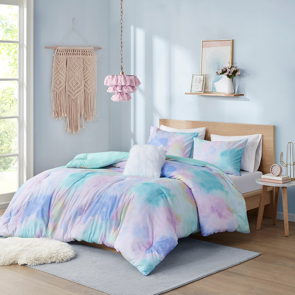Tinyhomie Full/Queen Watercolor Tie Dye Printed Comforter Set with Throw Pillow