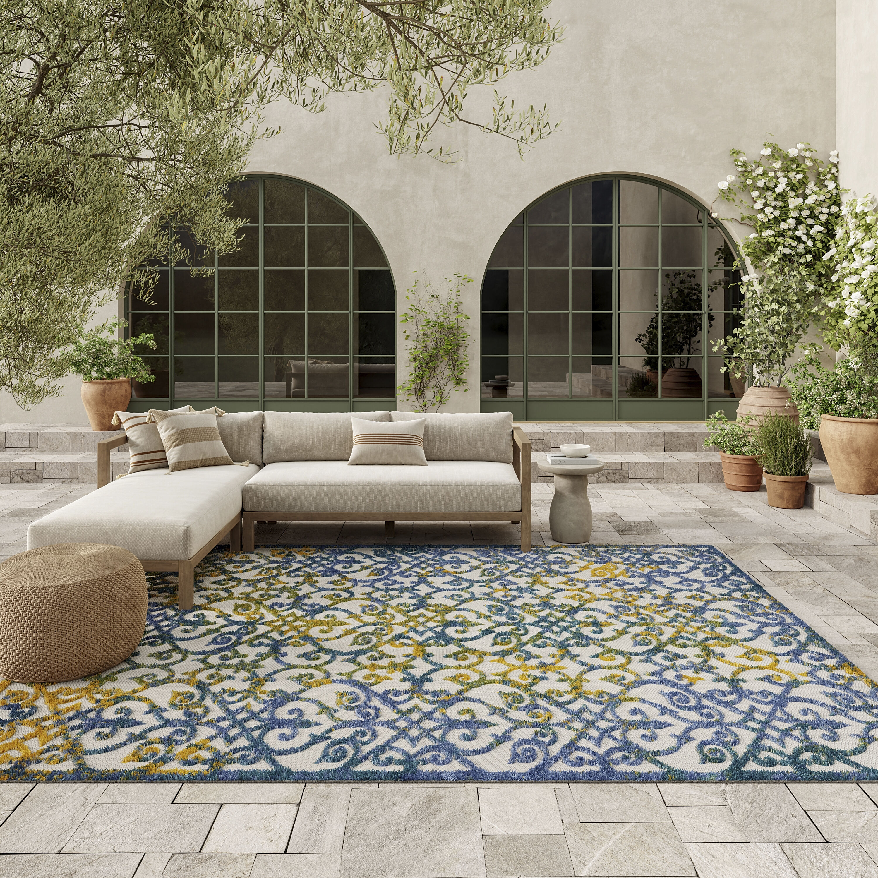 Nourison 99446829733 Aloha 9 x 12 (ft) Loomed Polypropylene Ivory Blue Rectangular Indoor/Outdoor Coastal Area rug