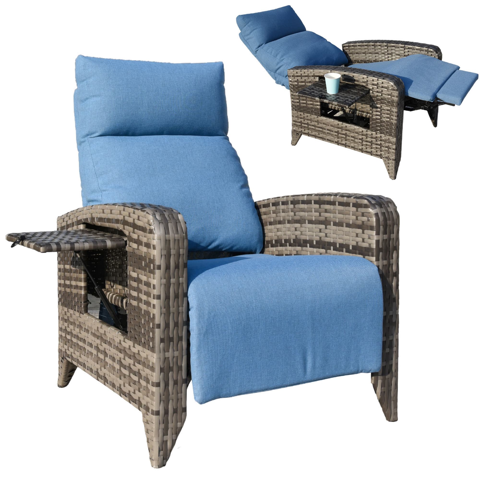 Ama Pear 1 Piece Light Blue Wicker Patio Recliners with Removable Cushions